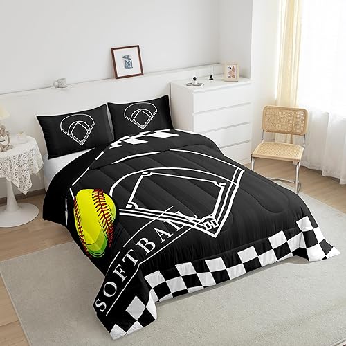Miniatura 3 de Erosebridal Juego de ropa de cama de sóftbol para niños y niñas, juego de edredón de deportes de pelota, color negro y blanco, juego de edredón con