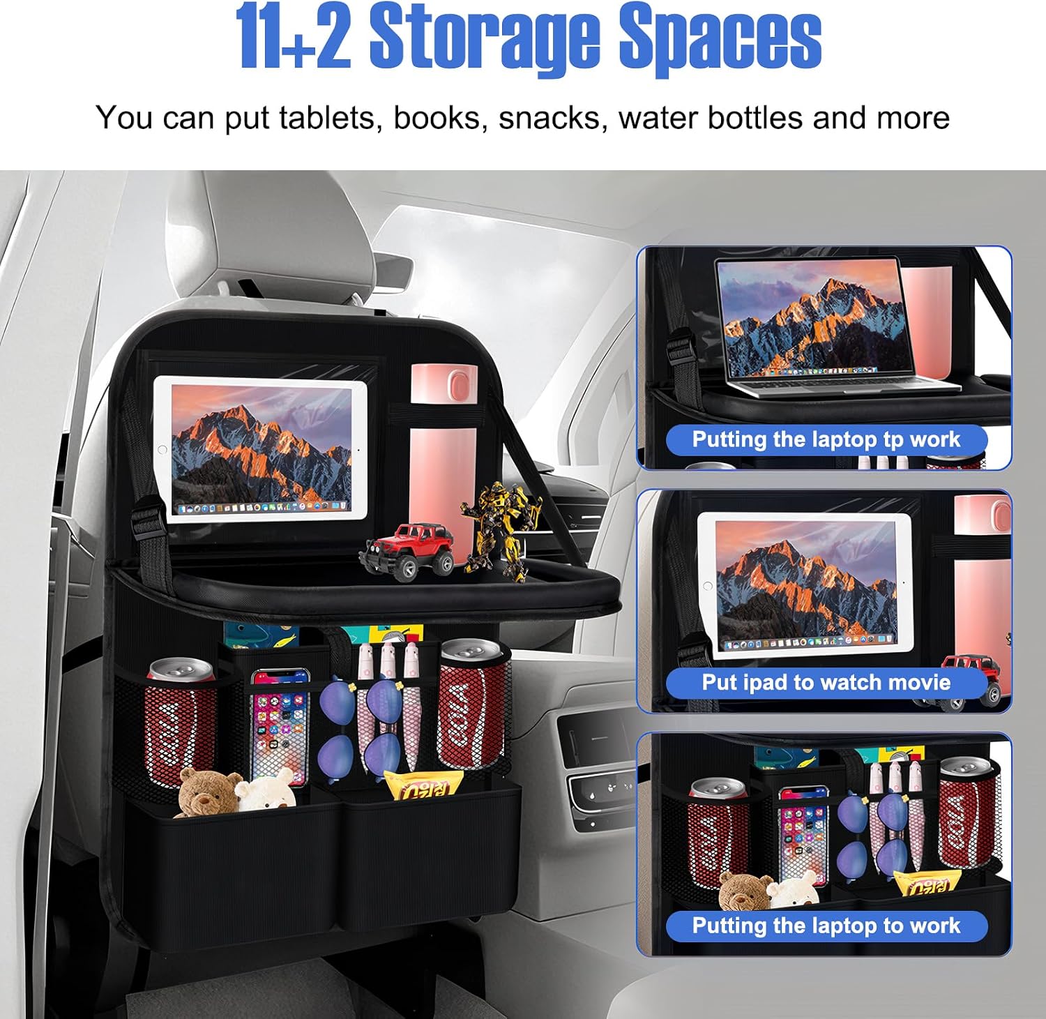Car Seat Organiser, Car Back Seat Organiser, Car Child Backrest Protection, Multifunctional Waterproof Back Seat Organiser with Folding Table, Tablet Bag and Many Pockets image 5