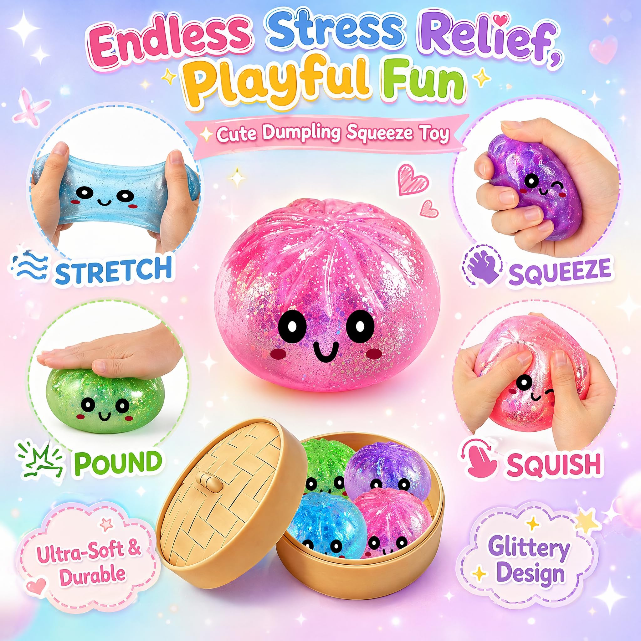 Dumpling Squishy, 4 Stück Glitter Dumpling Squishy Set | Anti Stress Bälle Fidget Spielzeug für Kinder Erwachsene, Dumplings Squishies Fidget Toys für Stress Relief, Fidgets Gifts