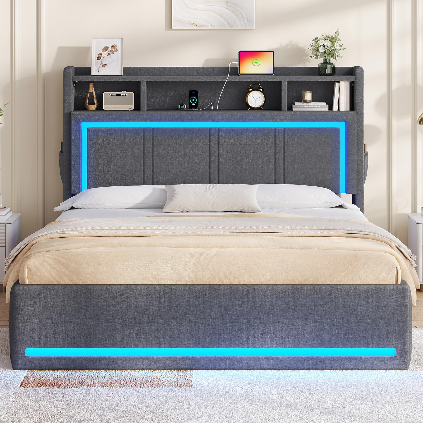 AOGLLATI Bett 140x190 Dunkelgrau mit LED Beleuchtung, USB & Hydrauliksystem | Polsterbett mit Bettkasten, Kopfteil Stauraum, Stauraum 30cm, inkl, Lattenrost,Doppelbett für Erwachsene,Leinen (No Matratze）