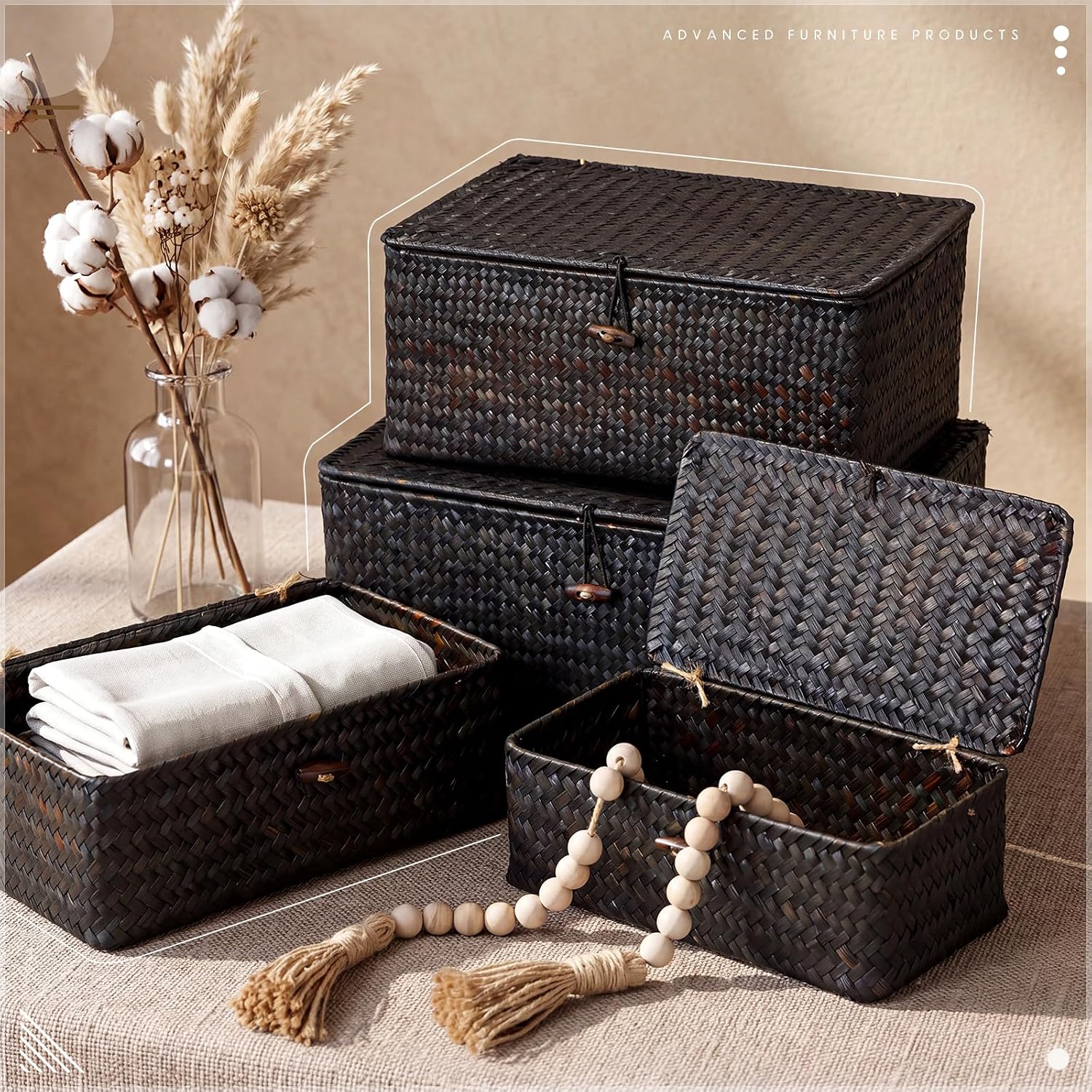 Woanger Set of 4 Wicker Baskets with Lids, Nautral Seagrass Storage Baskets, Woven Rectangular Basket Bins, Rattan Storage Organizer for Shelf Closet Bedroom(Black)