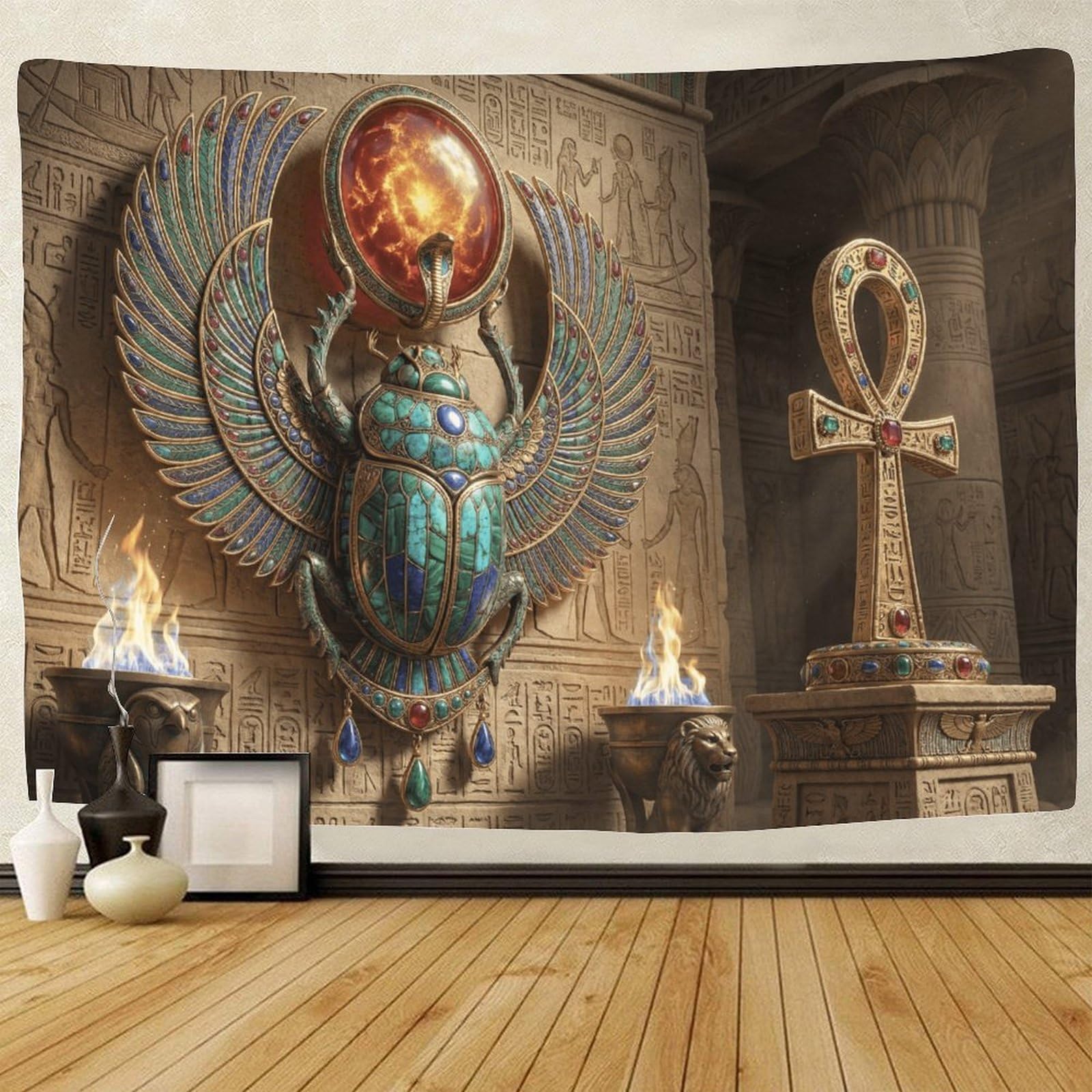 GPMNBCXZK Egyptian Scarab 3D Printed Wall Decor Ankh Art Living Room Bedroom Wall Tapestry 100cmx150cm