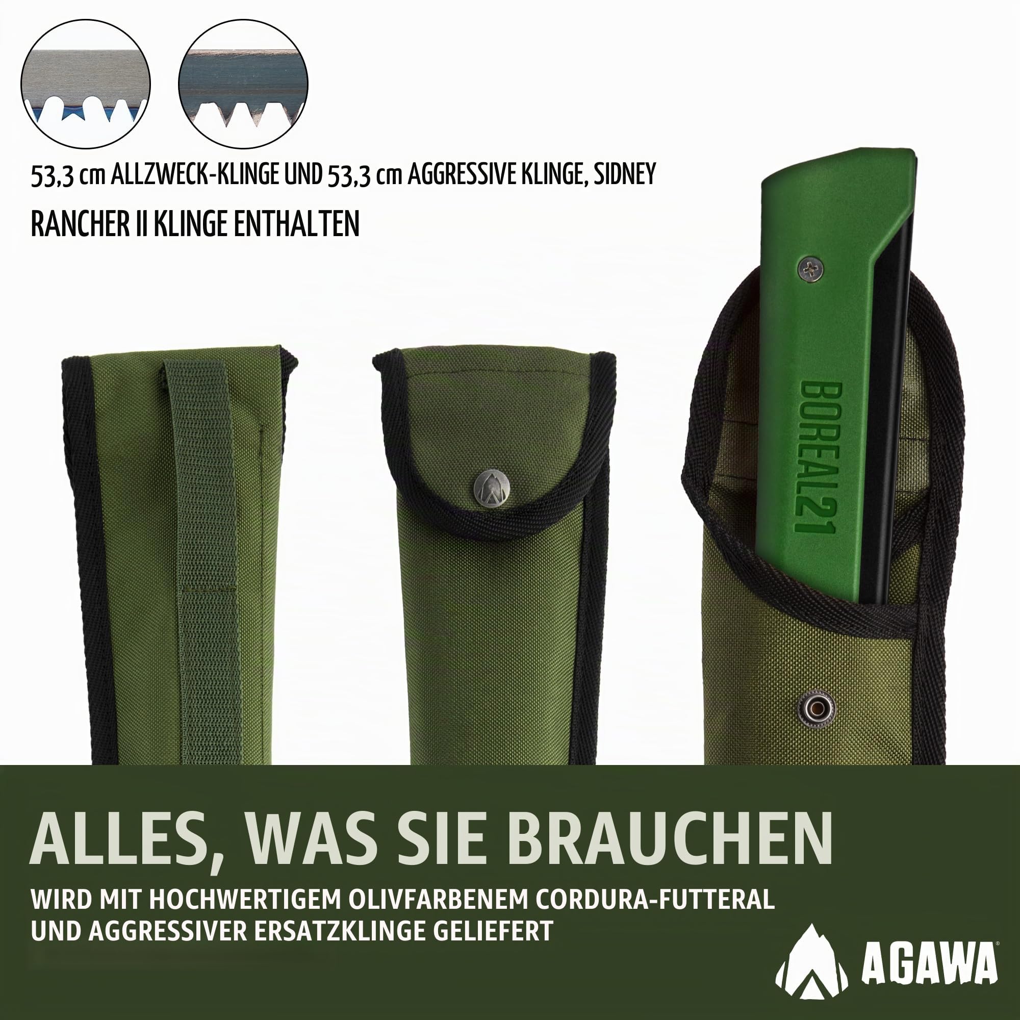 AGAWA - BOREAL21 Tripper Kit - Includes 21" Folding Saw, Nylon Carrying Case, 21" All-Purpose & 21" Aggressive Blade - For Camping, Hiking & Survival Gear (Black Frame/Green Handle)