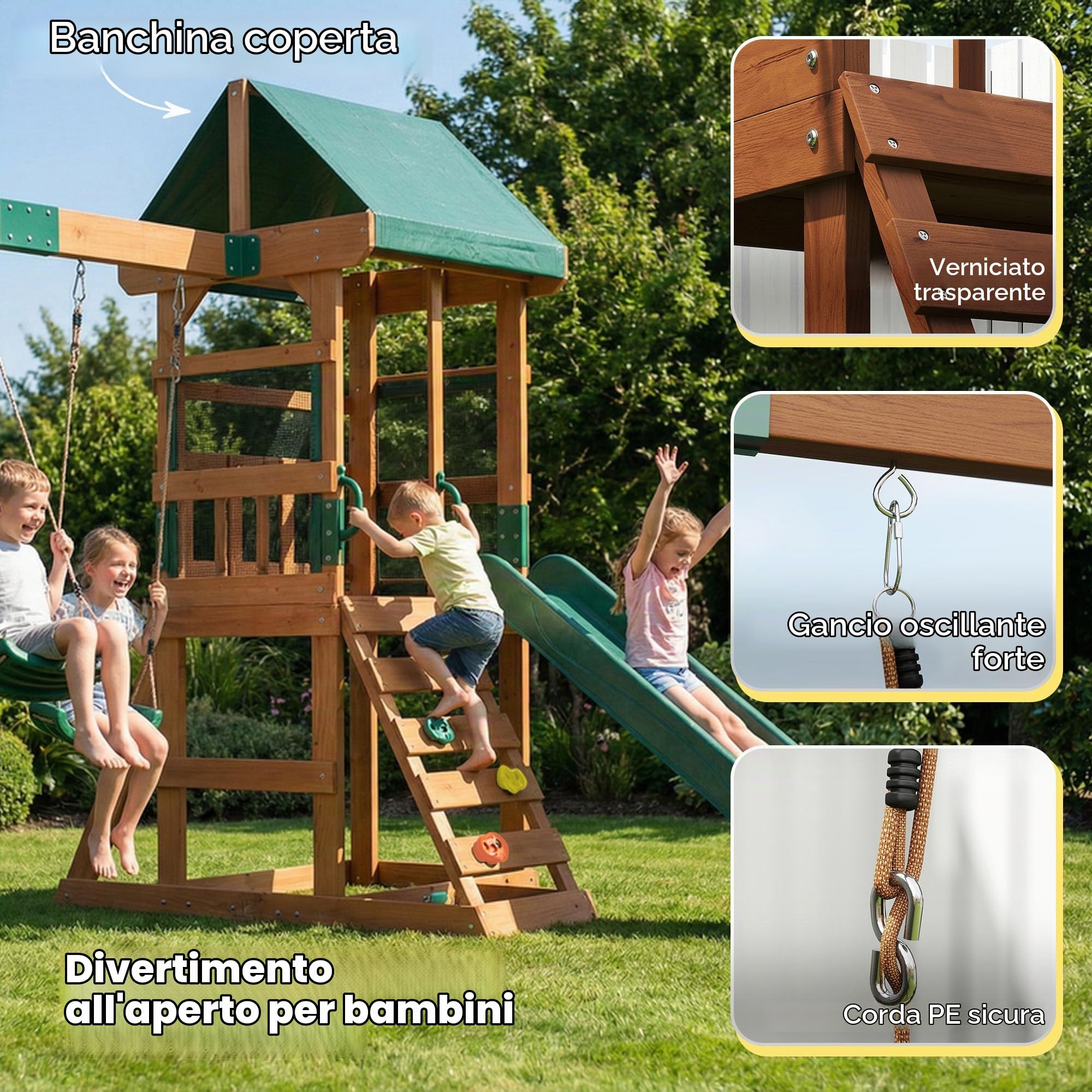 Qaba Set altalena legno scivolo 2 altalene parete roccia ponte coperto | Parco giochi esterno, per bambini, legno.