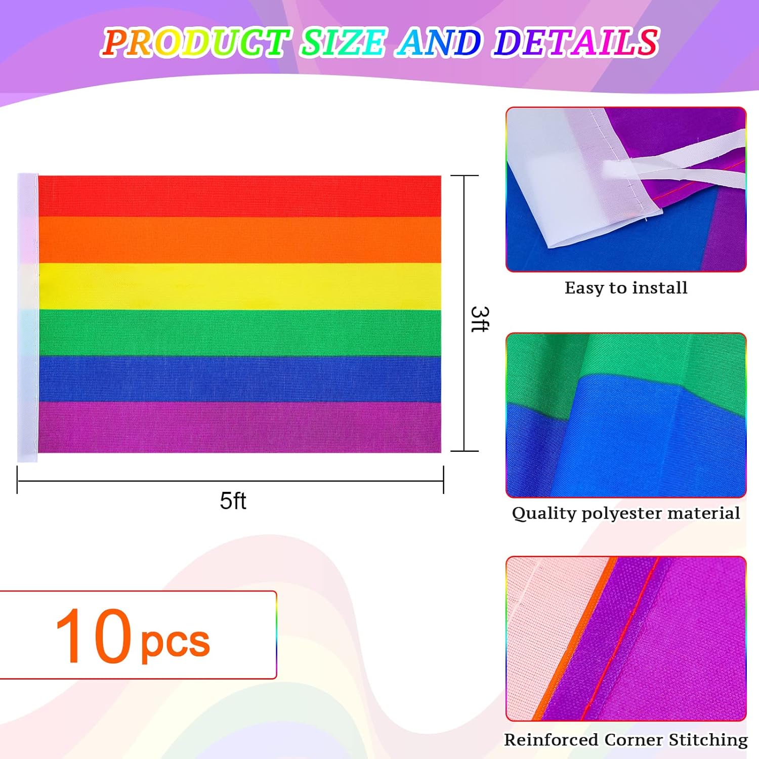 Panelee 10 Pcs Rainbow Pride Gay Flag 3 x 5 ft LGBTQ Flag Cape Banner Outdoor Indoor LGBT Pride Day Party Events Festival Decorations