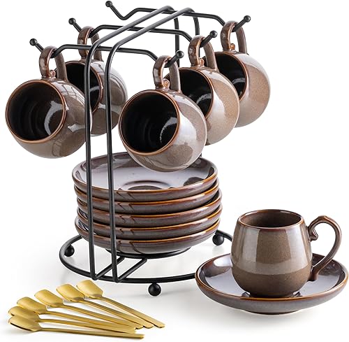 LYEOBOH Juego de 6 tazas y platillos de espresso de 3 onzas, tazas de café pequeñas de cerámica con soporte de metal y cucharas, lindas tazas