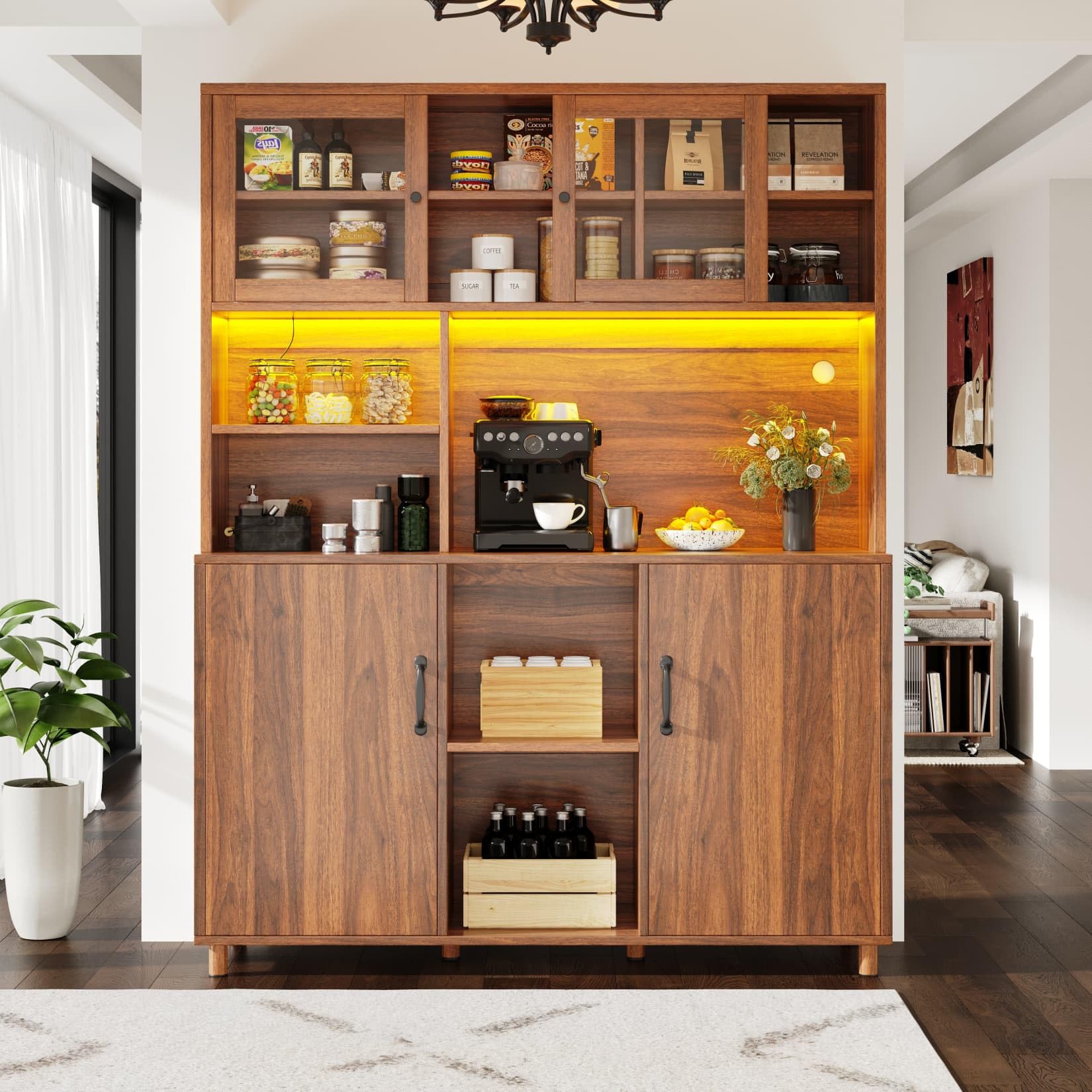 Buffet Haut de Cuisine,Armoire de Salon Moderne,Buffet Salle a Manger,Meuble de Rangemen avec étagères réglables et éclairage LED,2 Portes coulissante en Verre,140x40x185cm (Marron Noyer)
