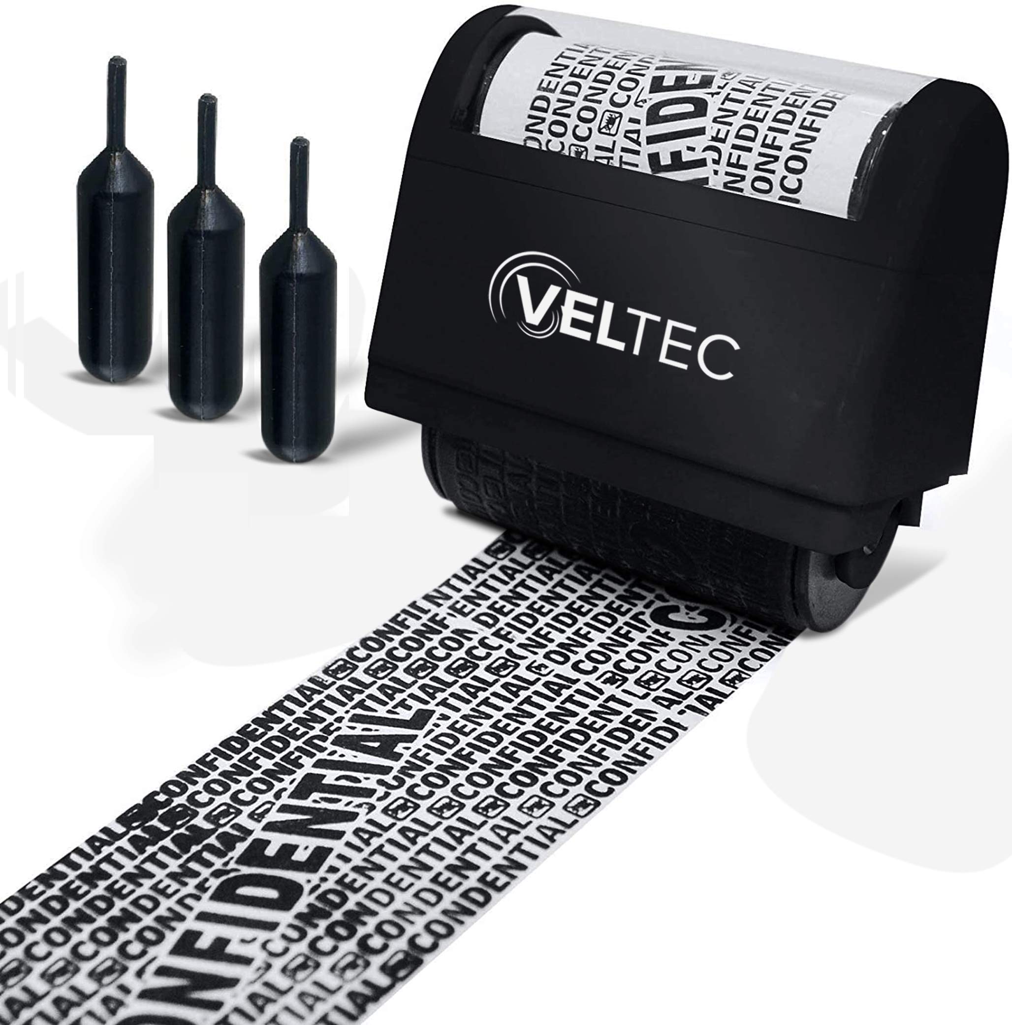 Veltec ID Protector Ink Roller - Identity Theft Protection Roller Stamp Set (Black, Stamp+3 Refills)