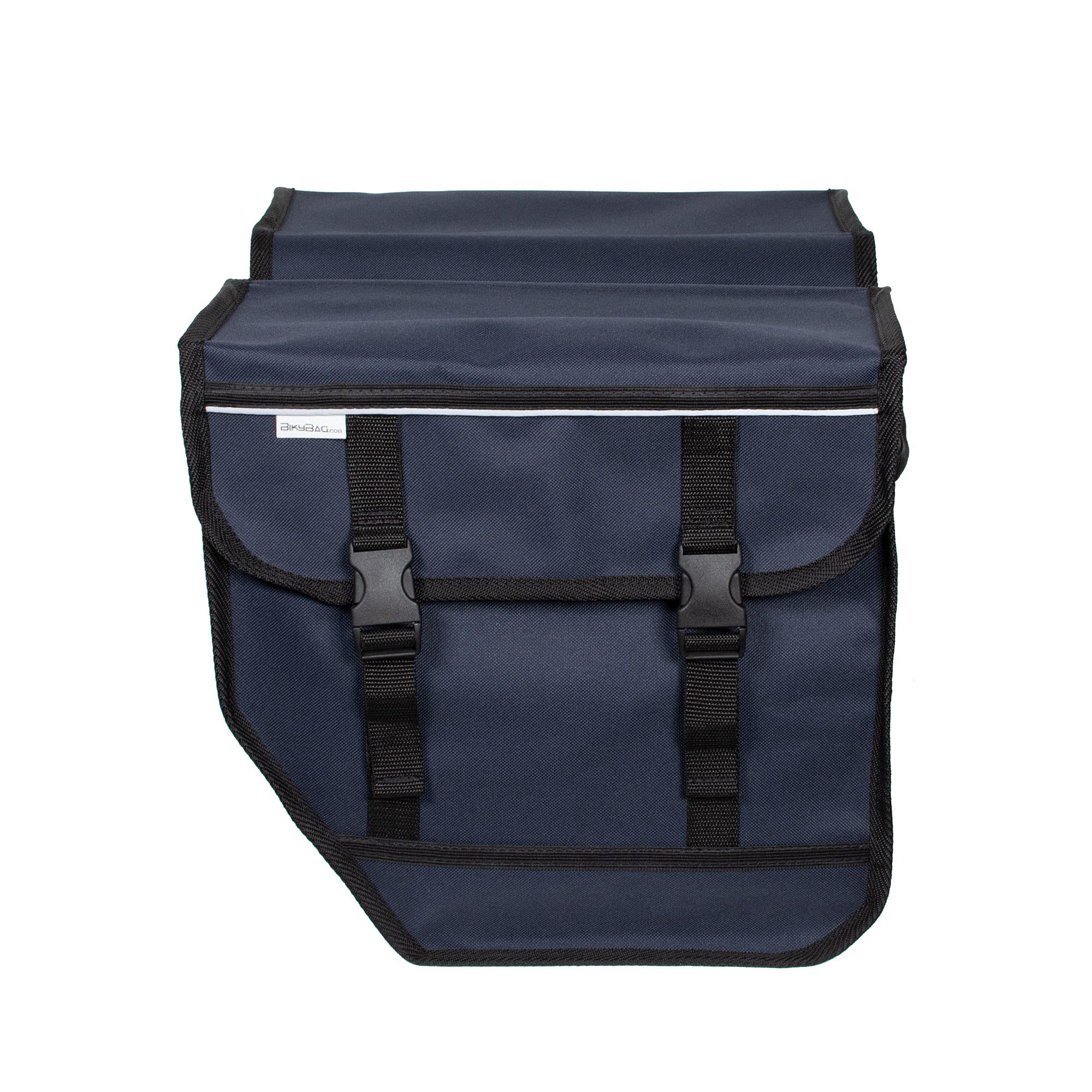 Model M - Alforjas Dobles para Bicicleta 28L (2x14L), Resistentes al Agua, Recorte para el Talón, Estructura Reforzada en U, Bandas Reflectantes (Azul Marino)