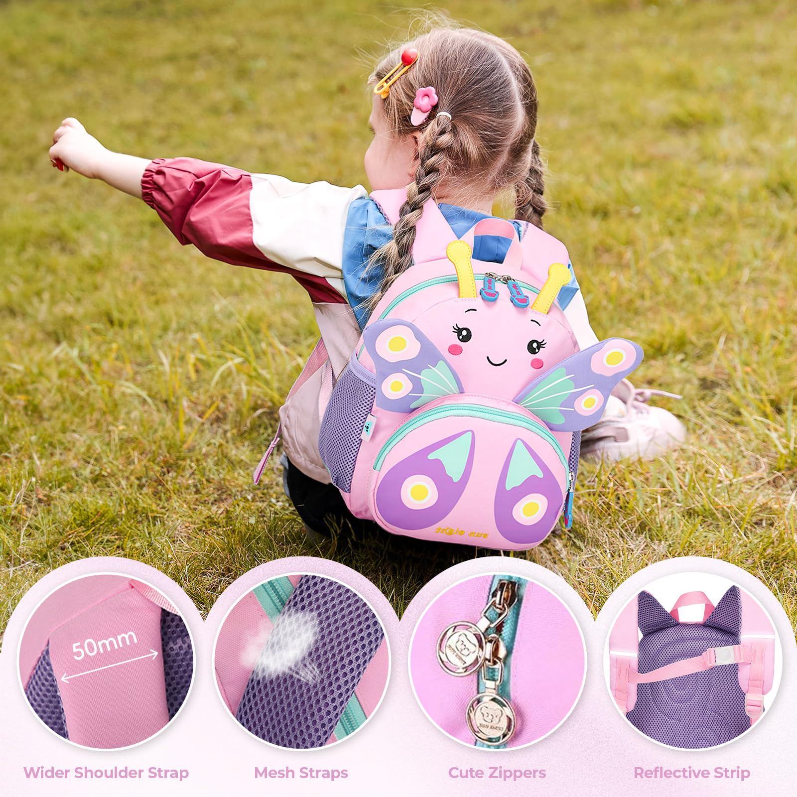 PROTAURI Sac à Dos Enfant - Garçons Filles Animal Cartable Scolaire Maternelle Préscolaire Bagages Tout-Petits Sac à dos pour 2-6 Années(Papillon)