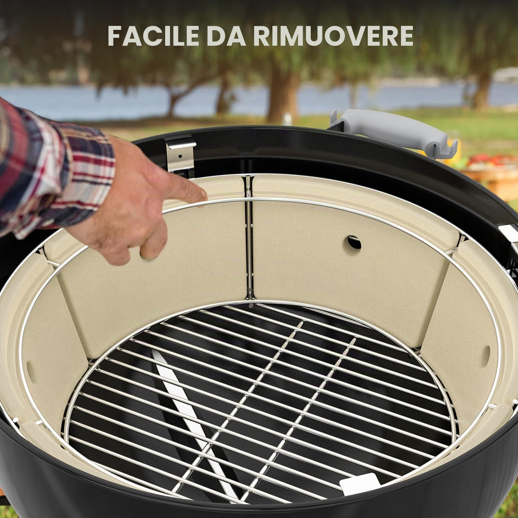 onlyfire Kit per Focolare a Carbone, Cestino di Carbone in Acciaio Inox con Pietra di Calore in Ceramica e 4 Staffe di Sollevamento della Griglia, per Griglie a Carbonella Weber Kettle 57 cm