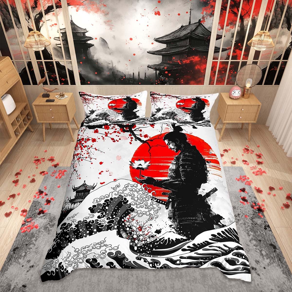 Loussiesd Samurai Duvet Cover Set King Size Cherry Blossoms Bedding Set Kids Boys Girls Ocean Wave Duvet Cover with 2 Pillowcases Japanese Style Sunset Japanese Ukiyoe Theme Bedding