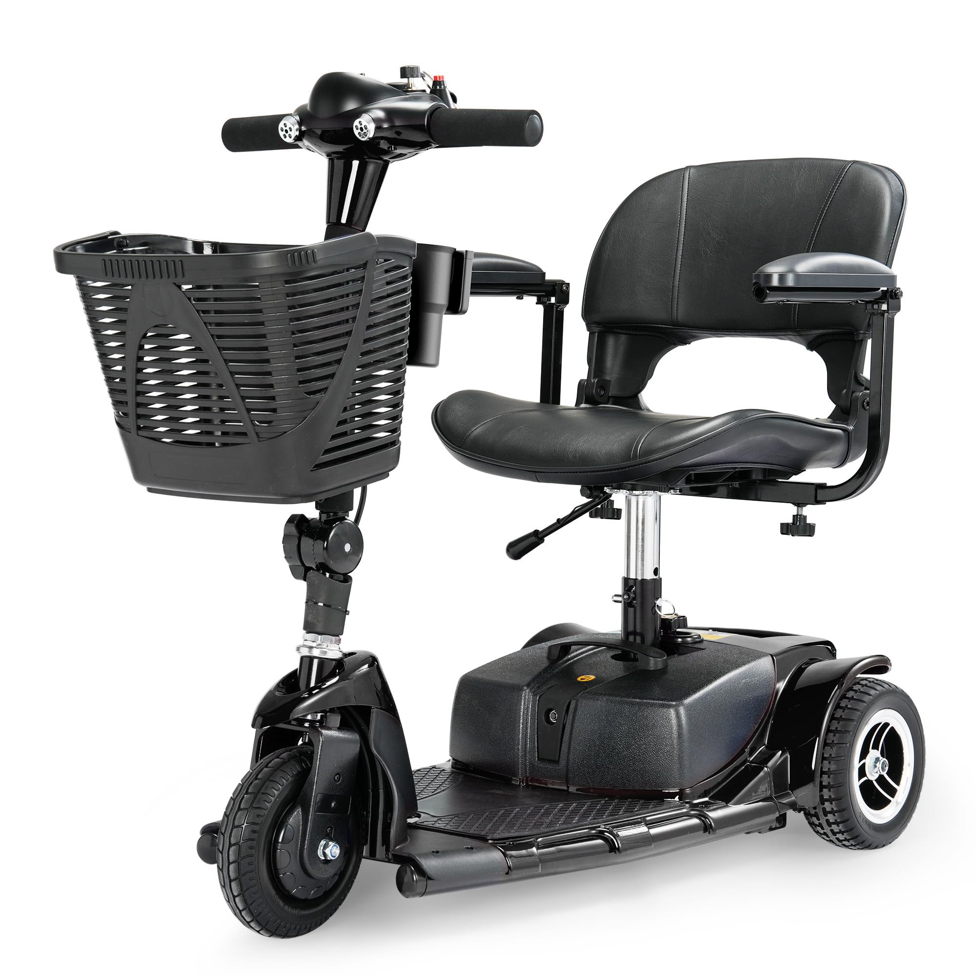3 Wheel Mobility Scooters for Adults, Collapsible Folding Travel Scooter with Long Range Battery &amp; Charger, Portable Electric Powered Wheelchair for Seniors, Includes Basket and Cup Holder (Black)