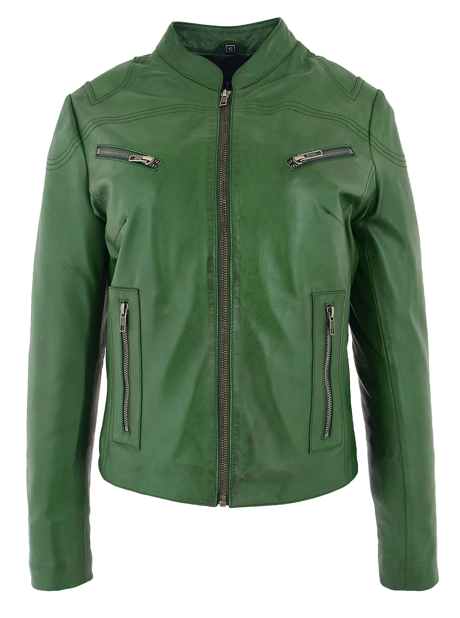 Womens Real Leather Biker Jacket Standing Collar Zip up Style Becky (14, Green)