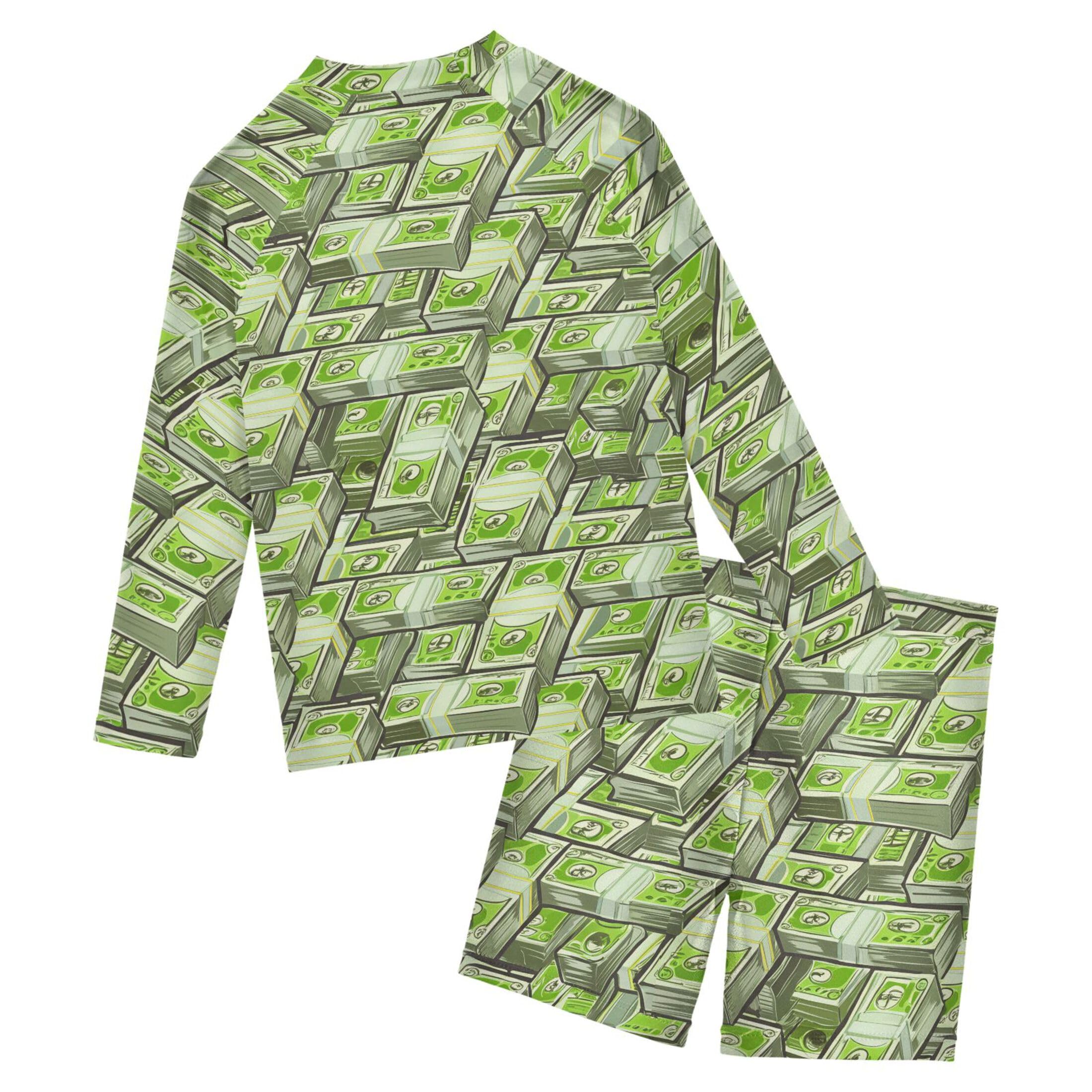 Paper Money Hundred Dollar Bills Baby Boys' Toddler Long Sleeved Rashguard Swim Bathing Suit Set B0405087