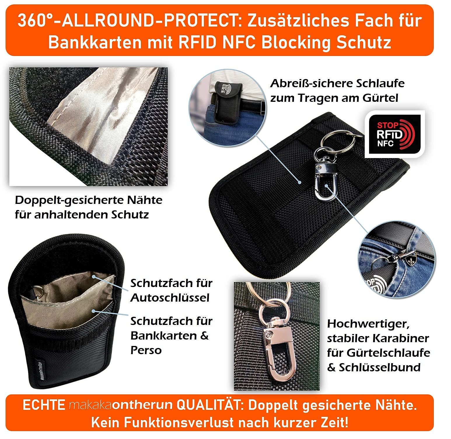 MakakaOnTheRun Funda para llave de coche - Keyless Go Protección con 2 compartimentos de protección RFID, funda para llaves de coche para todos los vehículos de la UE, Asia y América