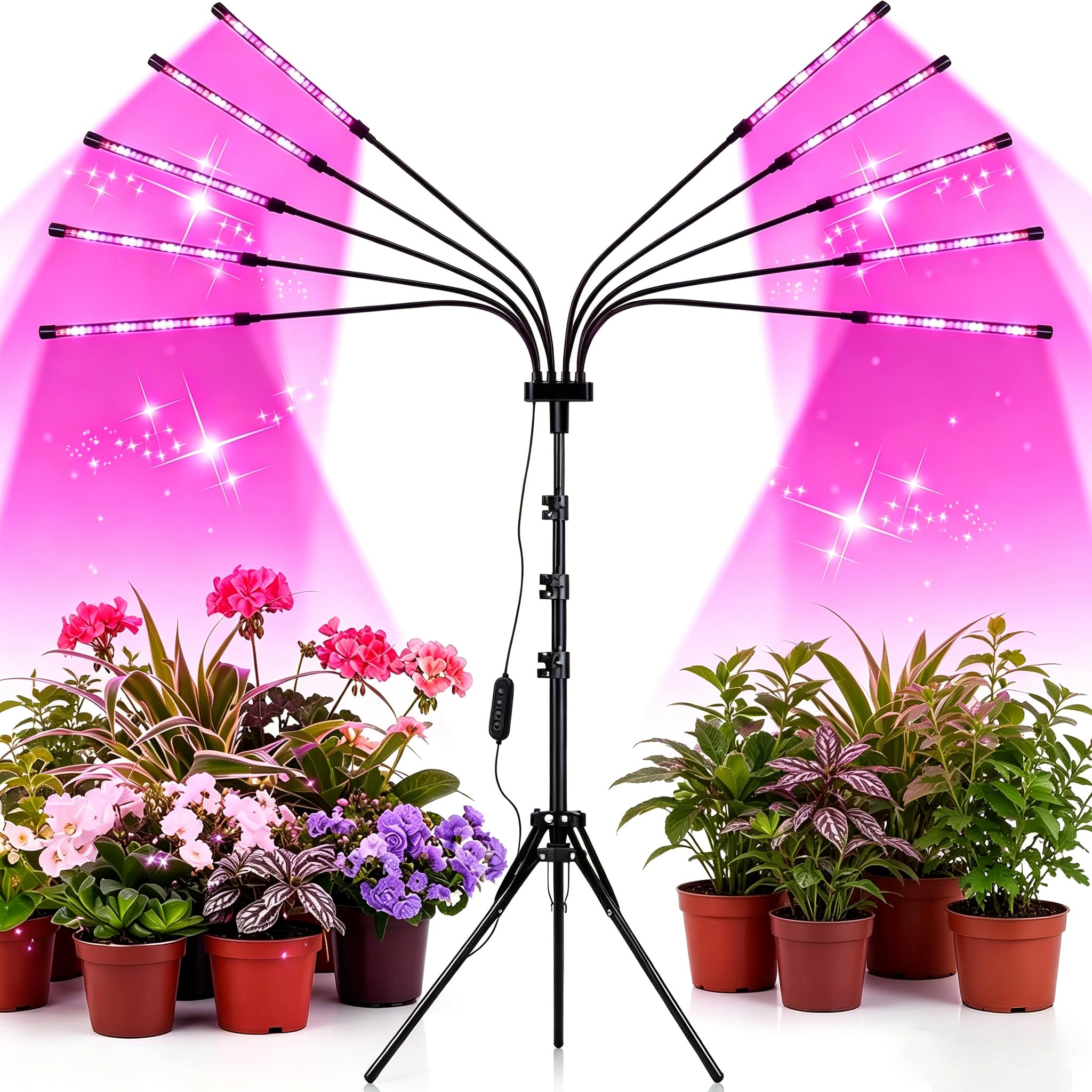 LED Pflanzenlampe 10-in-1, Vollspektrum Grow Light mit Stativ, Zeitschaltuhr 4/8/12H (Auto Ein/Aus), Pflanzenleuchte für Zimmerpflanzen