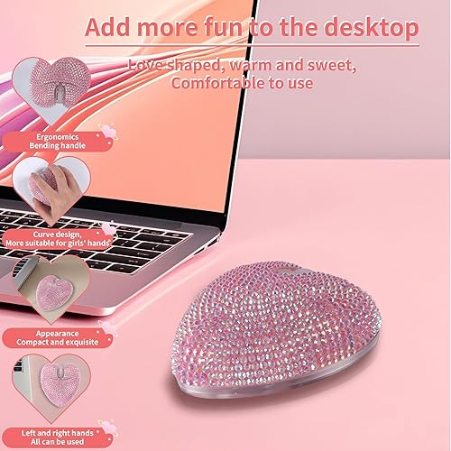 Miniatura 5 de elec Space Ratón Bluetooth inalámbrico, recargable silencioso y elegante en forma de corazón para computadora portátil, PC, alcance de 32.8 ft (rosa)