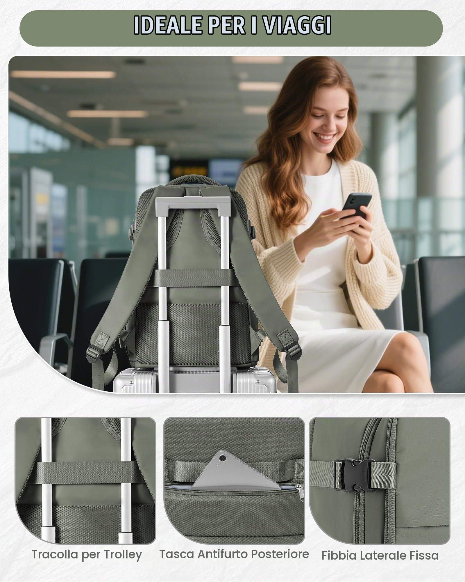 HPLQQ Zaino Ryanair 40x30x20 Sottovuoto Bagaglio a Mano Donna Zaino da Viaggio 40x30x20 Wizzair Borse da Cabina per Easyjet Uomo per Laptop 14 Pollici Trekking Casual Daypack,H03-Verde
