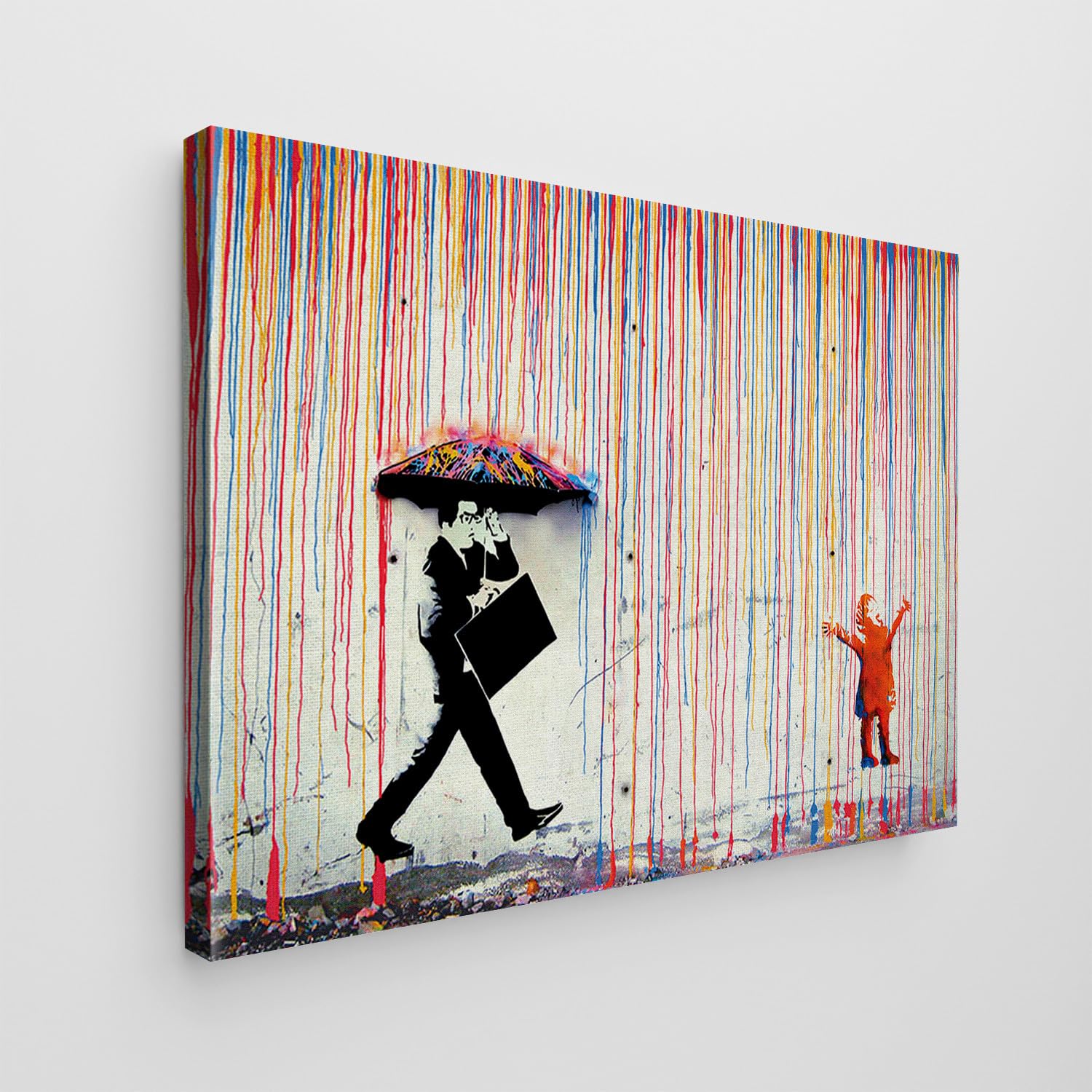 Giallobus - Cuadro - Banksy - - Lienzo estándar - 140x100-01 - Lluvia de colores - Listo para colgar - Cuadros modernos para el hogar