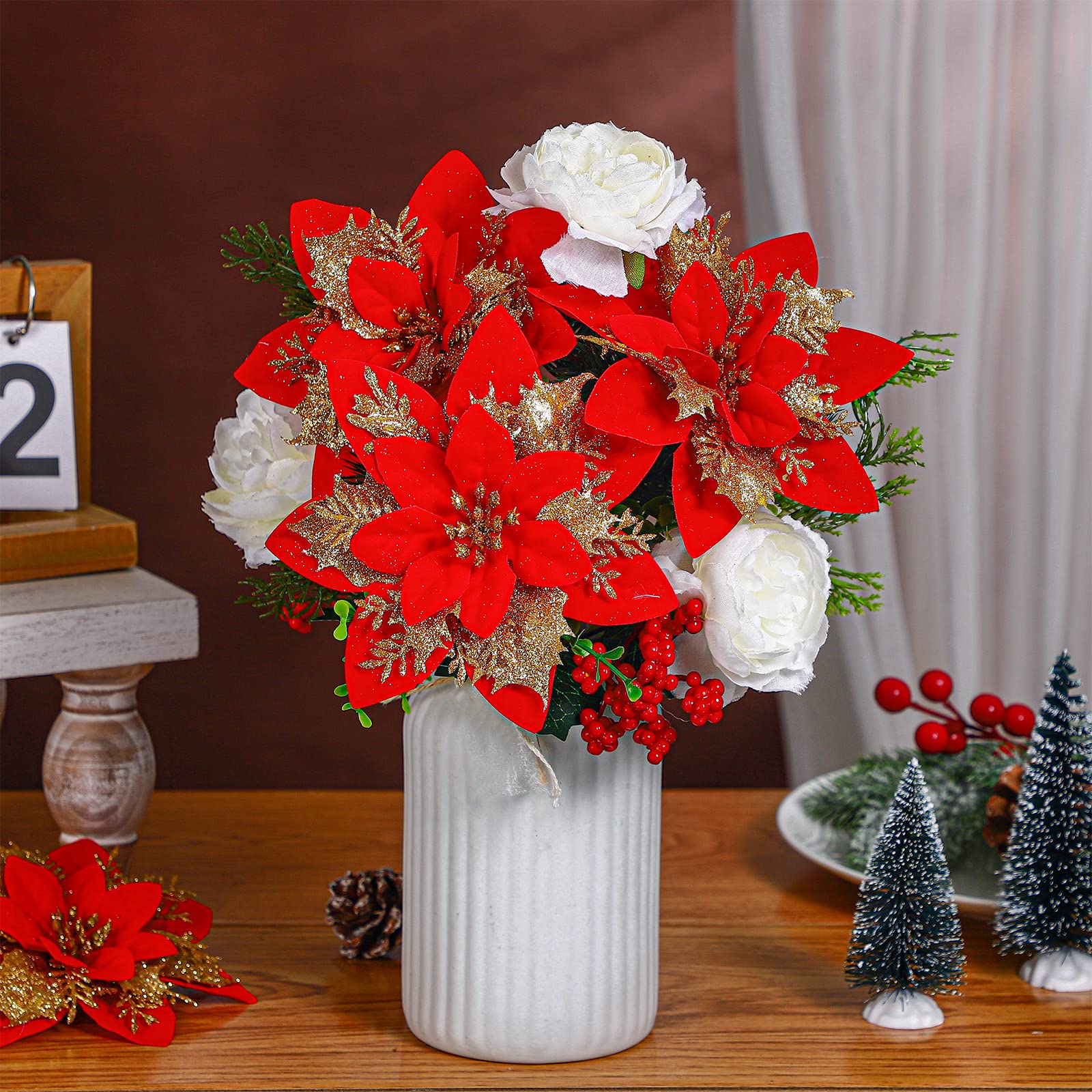 Giegxin Lot de 4 bouquets de Noël poinsettia en velours synthétique de 35 cm pour intérieur ou extérieur, décoration de sapin de Noël, maison, porche