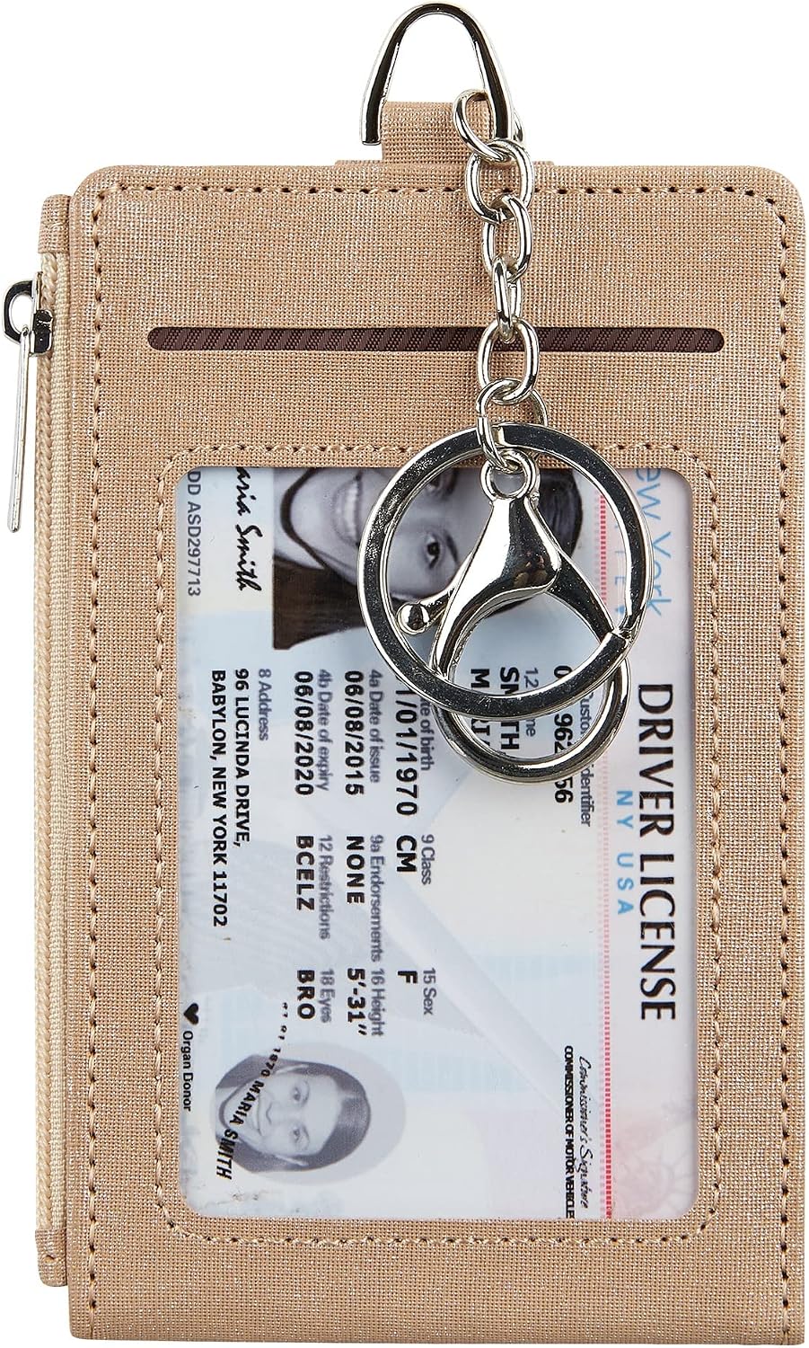Women & Men Keychain Card Holder Case Zipper Slim Minimalist Front Pocket Wallet with 2 ID Window, Black