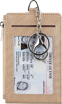 Women & Men Keychain Card Holder Case Zipper Slim Minimalist Front Pocket Wallet with 2 ID Window, Champagne Gold