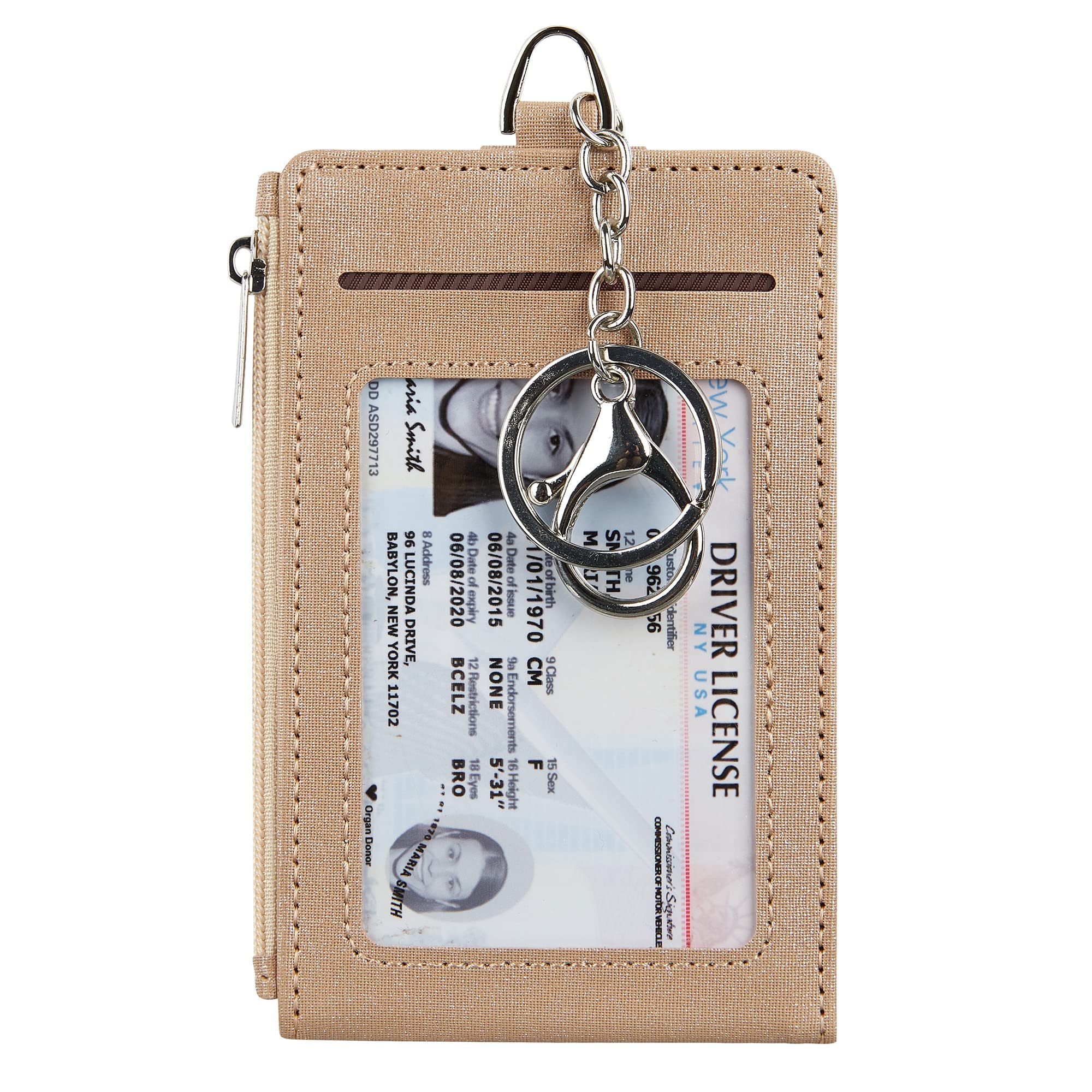 Cynure Women & Men Keychain Card Holder Case Zipper Slim Minimalist Front Pocket Wallet with 2 ID Window, Champagne Gold