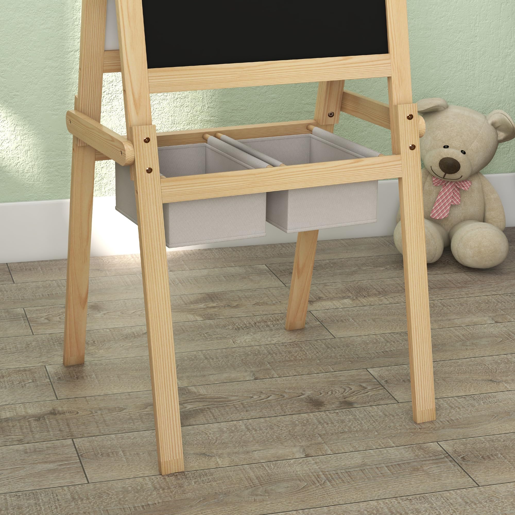 AIYAPLAY Lavagna per Bambini 3 in 1 Multiattività con Due Cestini, Cavalletto Artistico in Legno per Bambini 3-6 anni, 58x50.5x109cm