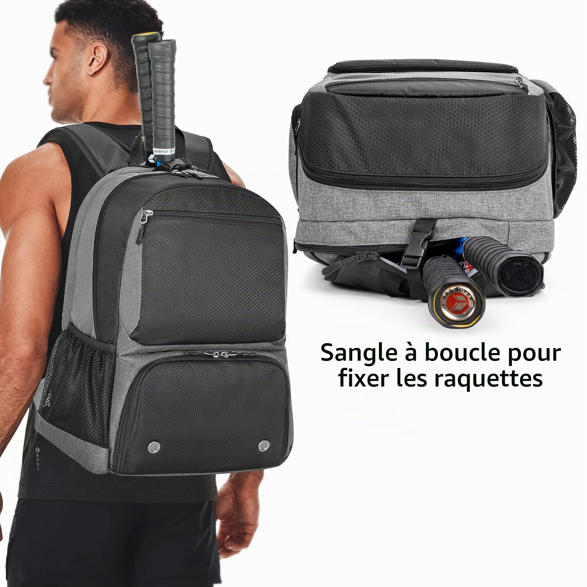 DSLEAF Sac de Tennis Peut Contenir 2 Raquettes, Sac à Dos avec Compartiment à Chaussures Ventilé Séparé pour Les Sports de Tennis/Pickleball/Badminton/Squash (Version Améliorée)