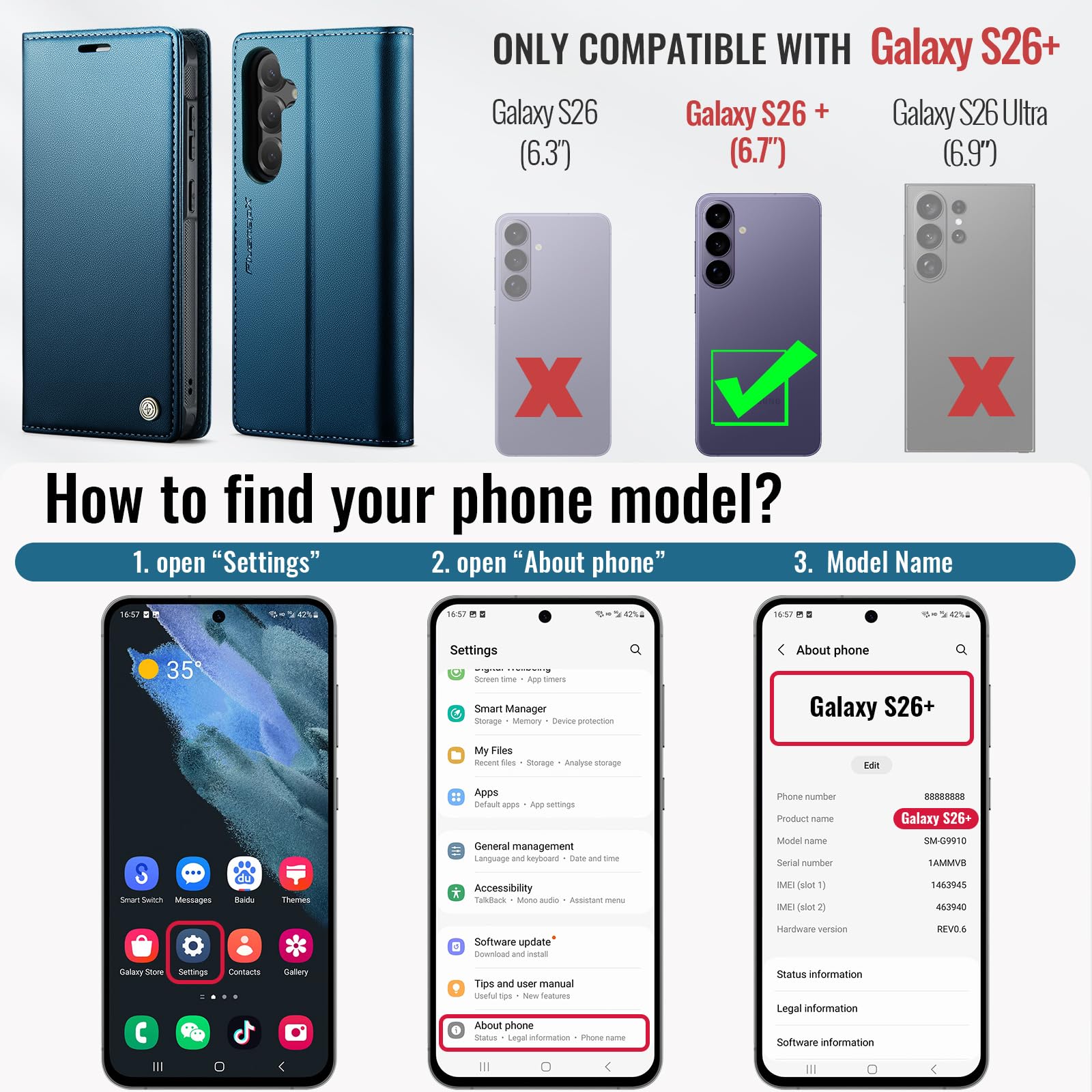 Custodia a portafoglio rimovibile per Samsung Galaxy S26 Plus 2 in | Compatibile con Magsafe, magnetico, porta carte di credito con blocco RFID, antiurto, cavalletto, ricarica wireless