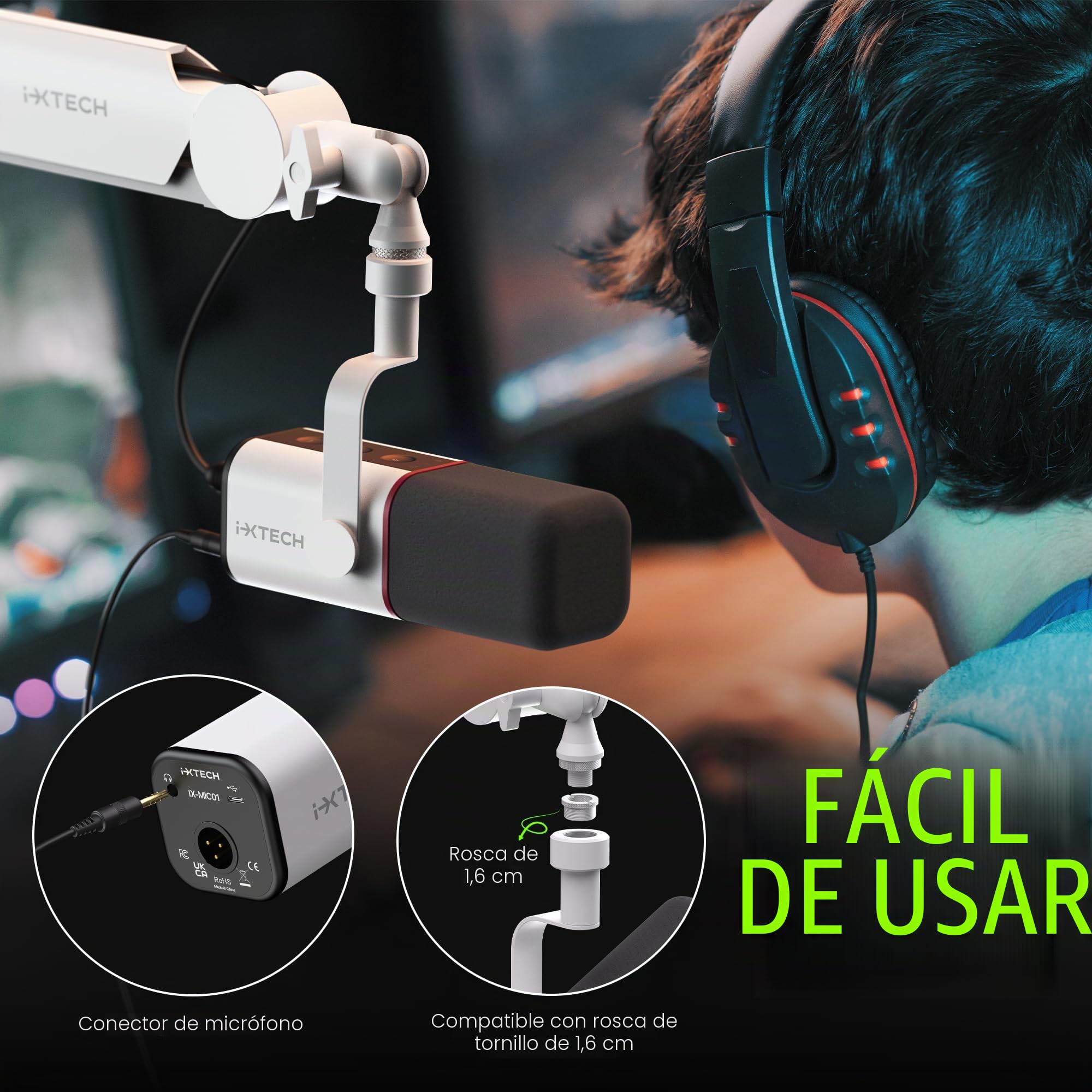 IXTECH Micrófono dinámico cardioide con cubierta de micrófono, micrófono USB XLR vocal para podcasting, transmisión, grabación, juegos y voz en off (blanco)