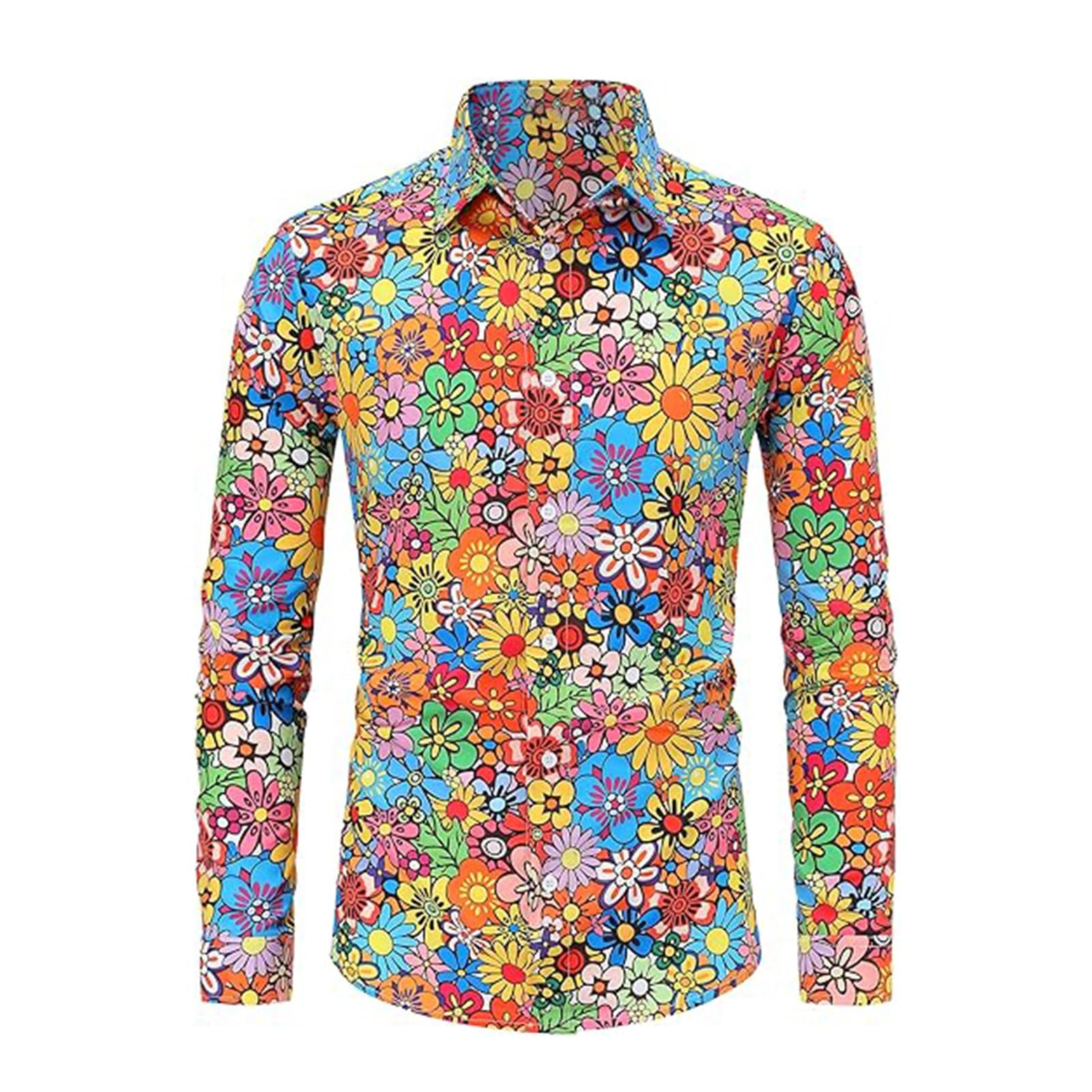 70s Fancy Dress Mens, 60s 70s 80s Fancy Dress Men, Hawaiian Shirts for Men Retro Casual Button Down Shirt Shirts Printed Long Sleeve Disco Holiday Yellow XXL