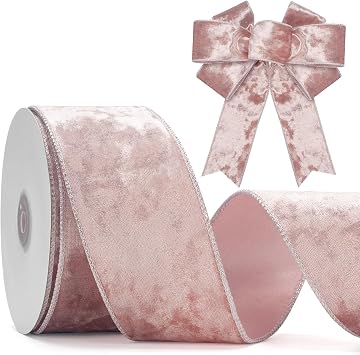 Light Pink Velvet Wired Ribbon, 2.5 Inch Metallic Crushed Velvet Pink Christmas Ribbon for Gift Wrapping, Christmas Tree Decorations, Big Bows, Crafts, Wreaths Supplies - Continuous 10 Yards