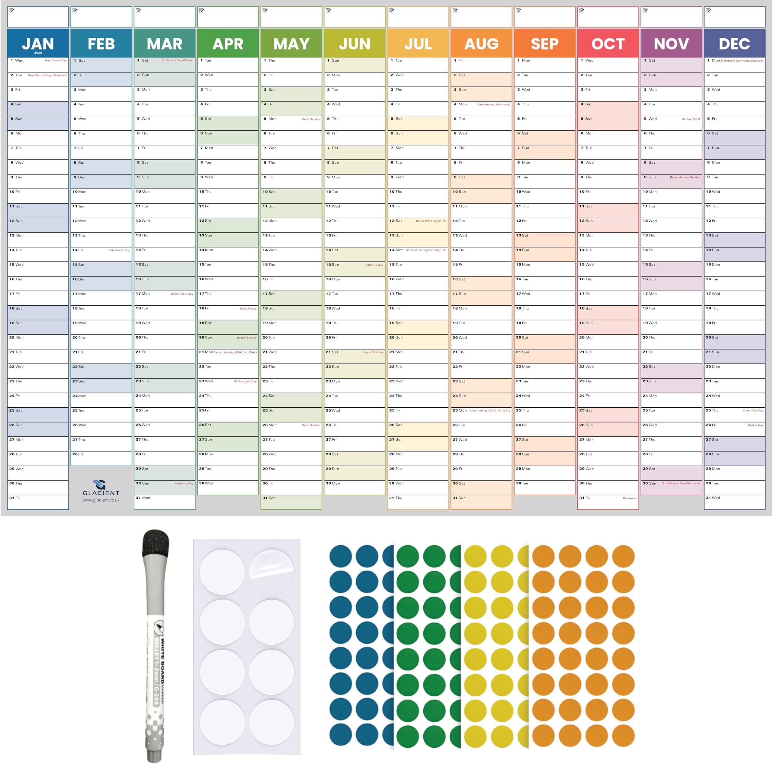 Large 2025 Wall Planner Set A1 Size (86 x 59cm) Laminated Folded Wall Calendar Pen Eraser Adhesive Dots & Stickers Family School Office by Glacient
