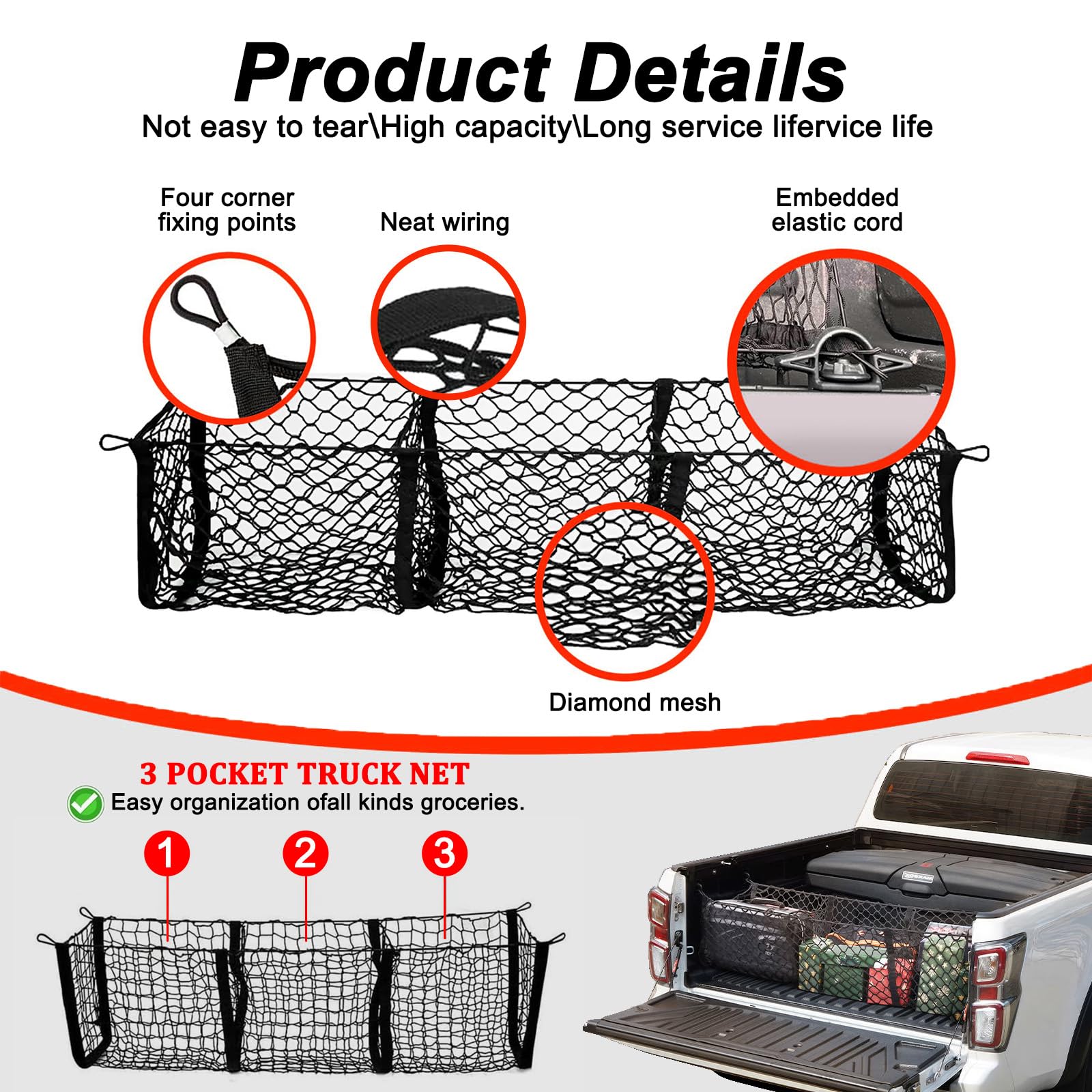 Rete per Bagagliaio di Camioncino per Chevrolet Silverado 1500, Rete Portaoggetti Auto, Rete Portabagagli per Auto Altamente Elastica, per Rimorchi Pick-Up SUV,B 150 * 50cm
