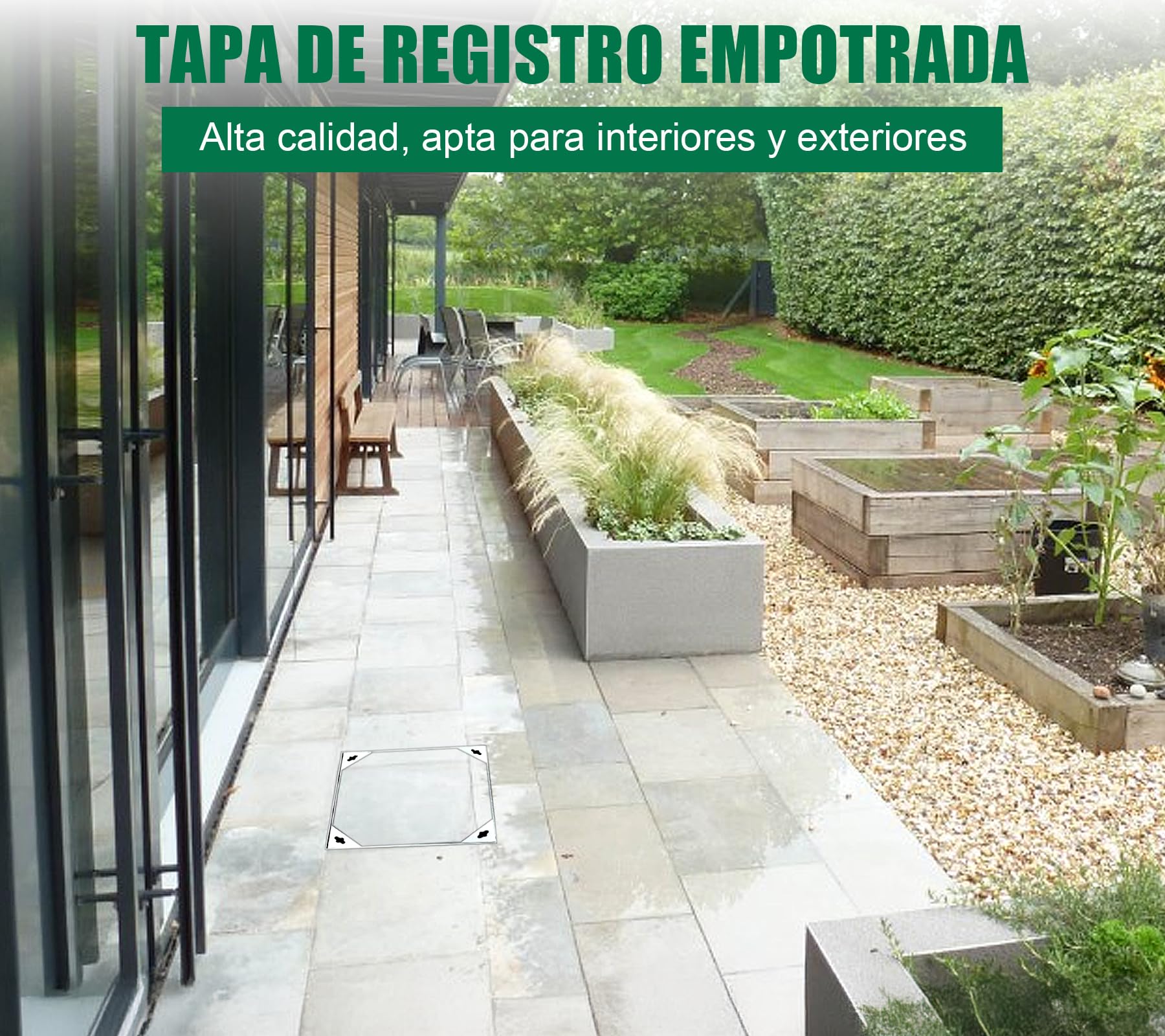 Tapa de alcantarilla 300 x 300 mm, acero inoxidable, empotrada con base cuadrada, tapa de inspección, invisible, para interiores y exteriores