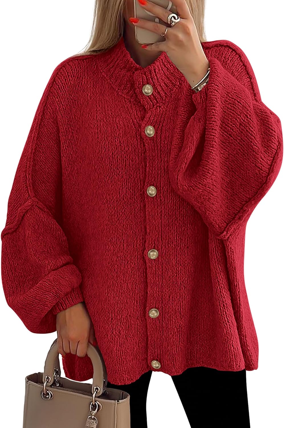 PRETTYGARDEN Women's Winter Button Down Cardigan Sweaters Mock Neck Lantern Long Sleeve Chunky Knit Jacket Trendy Outerwear