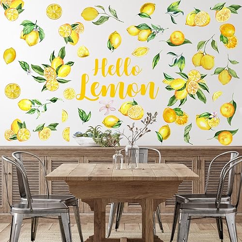Miniatura 5 de 6 hojas de calcomanías de pared de limón, calcomanías de pared para cocina, diseño bohemio, flores de frutas, hojas botánicas, papel tapiz de