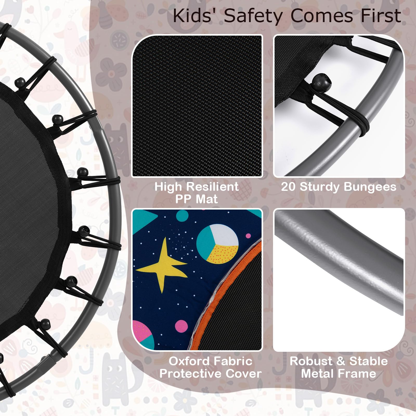 KOMFOTTEU Trampolino Elastico per Bambini dai 3 ai 6 anni, Ø 92 cm, Tappeto Elastico Bambini con Luci a LED, Mini Trampolino da Giardino con Manico e Tappetino di Sicurezza, Portata fino a 25 kg