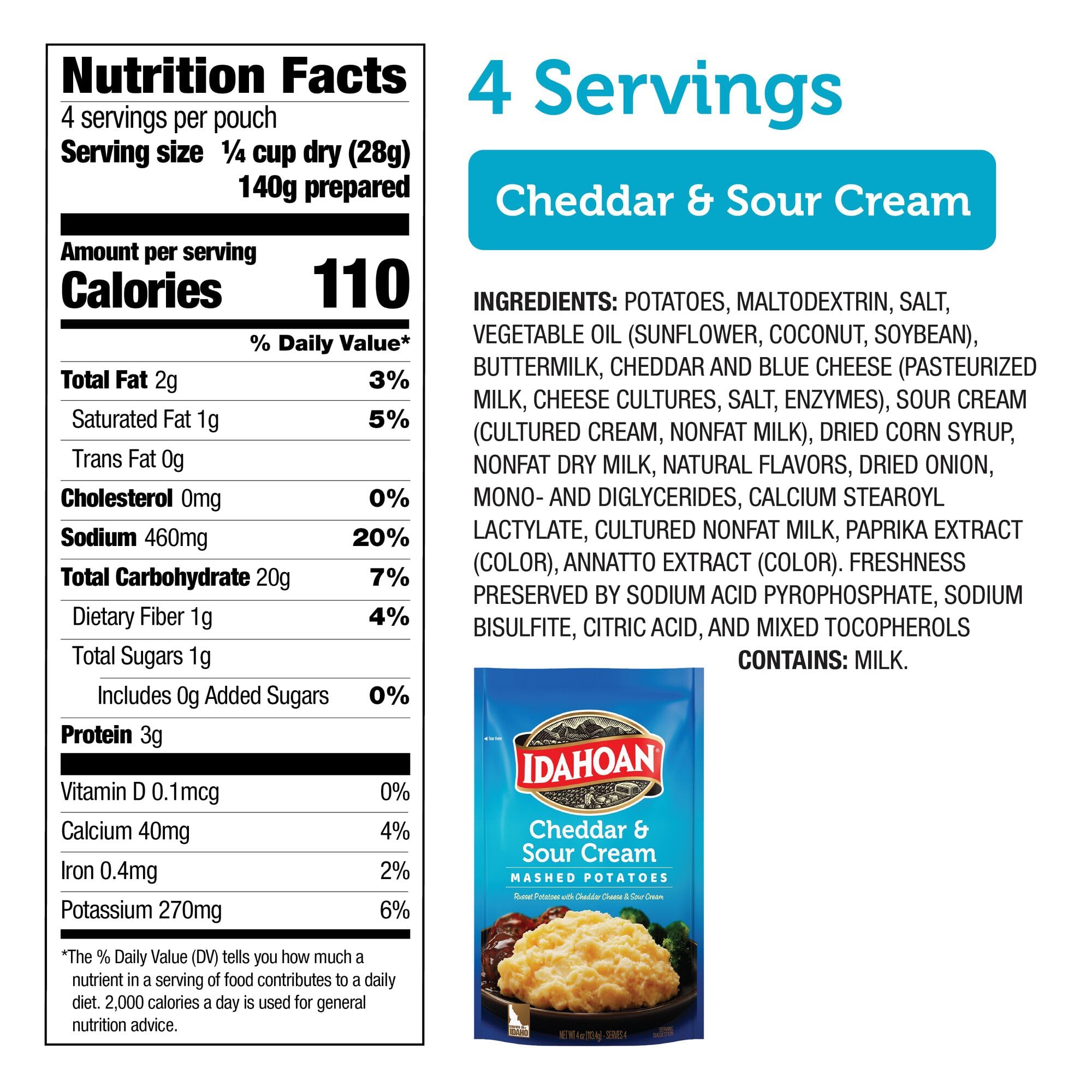 Idahoan Cheddar & Sour Cream Mashed Potatoes, Naturally Gluten-Free, 100% Real Idaho Potatoes, 4 servings per bag, 4 ounce (Pack of 12)