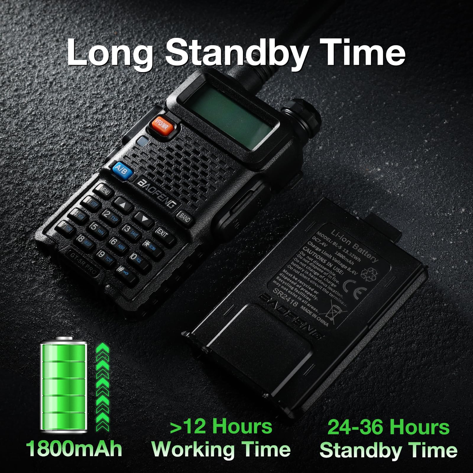 BAOFENG GT-5R Pro Walkie Talkie, radio dual band UHF VHF 144-146/430-440MHz, ampia portata, 128 canali, batteria 1800 mAh, cuffie per adulti, supportato da Chirp