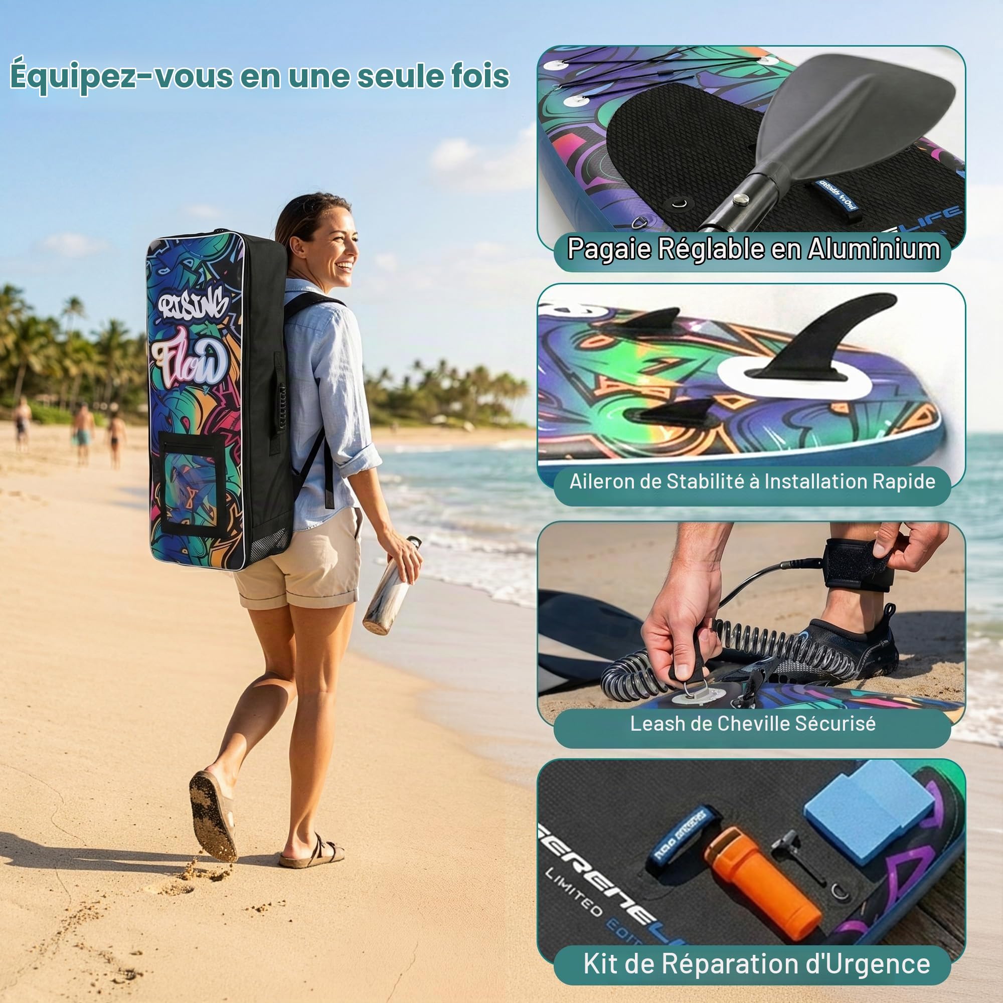 SereneLife Stand Up Paddle Gonflable Adulte 6” – Planche de Paddle avec Accessoires Sup, Sac de Transport, Pont Antidérapant, pour Mer, Lac, Rivière