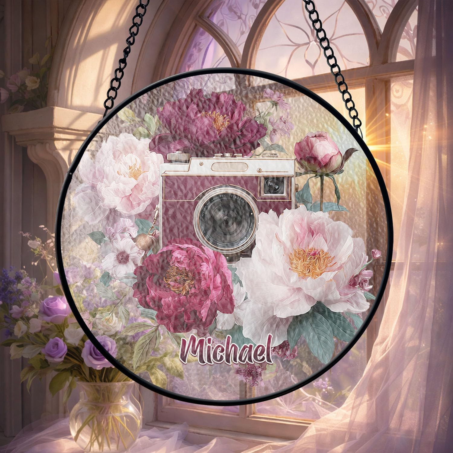 Personalized Name Vintage Camera Round Suncatcher, Custom Suncatcher for Photography Lovers, Stained Glass Window Hanging with Peony Flowers, Custom Gifts for Photographers
