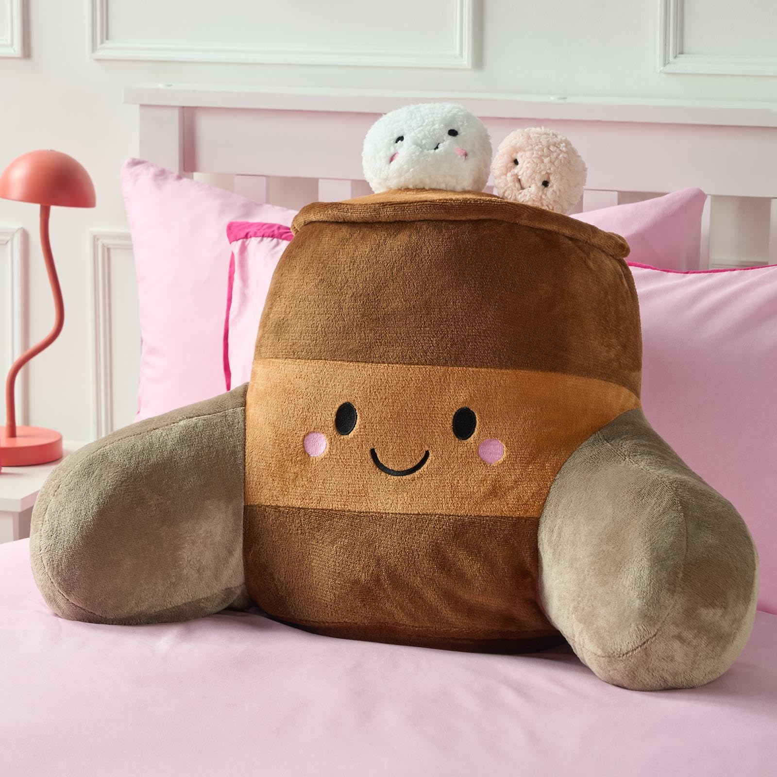 OHS Hot Chocolate Cuddle Cushion, Reading Pillow for Bed Adults Super Soft Teddy Fleece Kids Cushions with Arms Back Cushion Snuggle Hug Pillow Relaxing At Home, Brown - 45 x 40 x 30cm — image 1