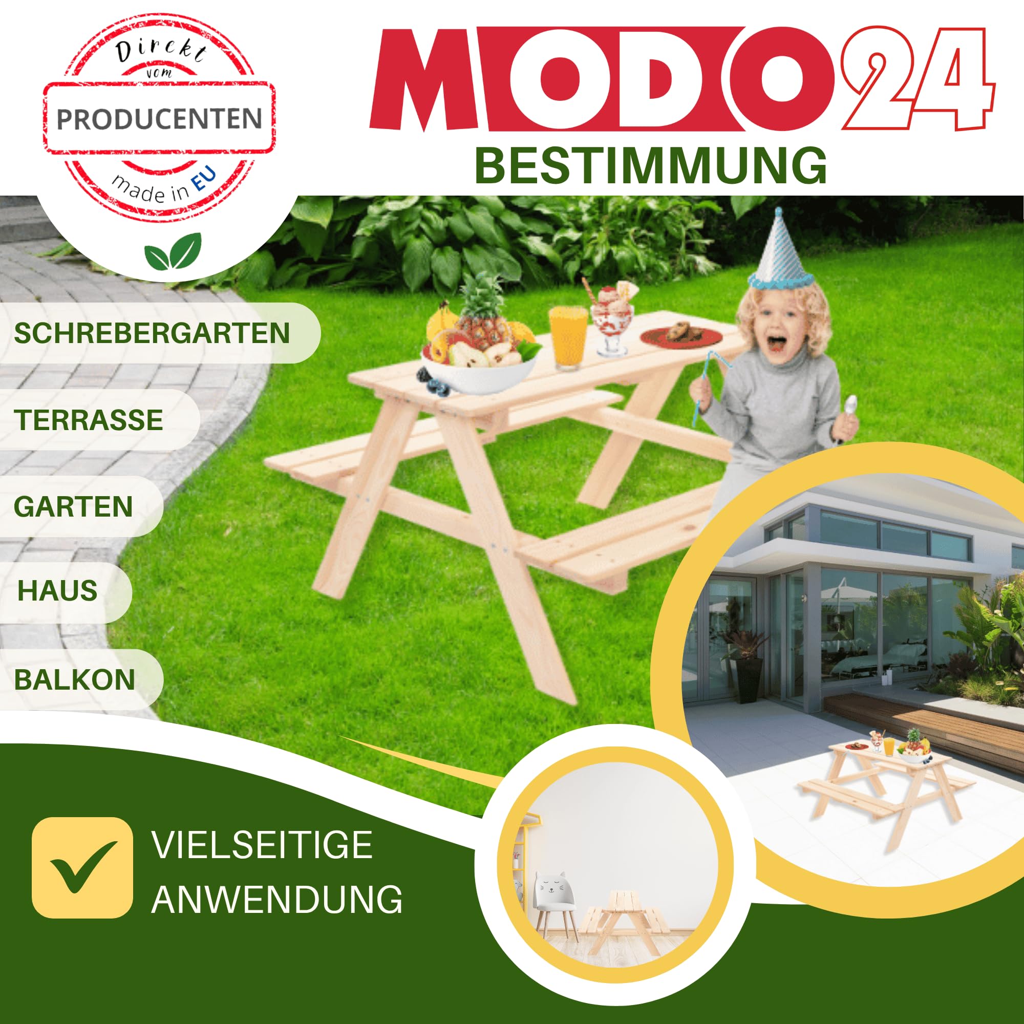 Kindersitzgarnitur für 4, Picknicktisch für Kinder aus Kiefernholz, Outdoor Sitzgruppe mit 2 Bänken, Gartensitzgarnitur & Spielmöbel, Abmessungen 90x91x50 cm, Farbe: Grau (imprägniert)
