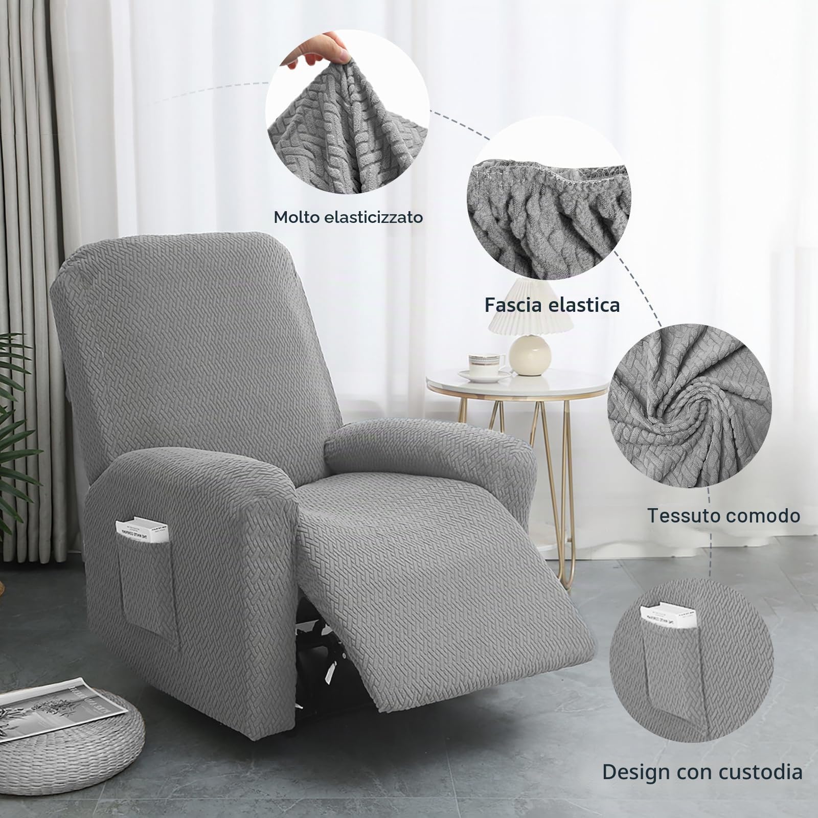 Copripoltrona universale 4 pezzi in set, Copripoltrona 1 posto con Braccioli Relax, copri poltrone elastico con tasche, per televisione e sdraiamento (Grigio chiaro)