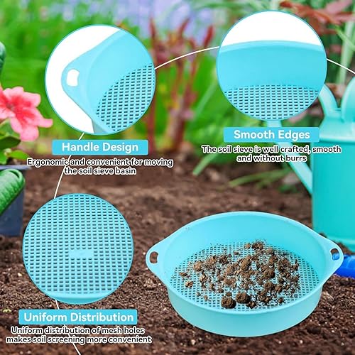 Miniatura 5 de Tamiz de tierra redonda para jardín, tamiz de arena, tamiz de suelo, 0.11 pulgadas, agujero de tetragono, tamiz de tierra, portátil, filtro de