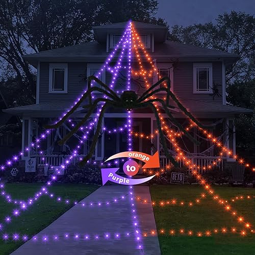 Dorizeg Telarañas para decoración de Halloween al aire libre, 455 luces LED con telaraña elástica grande de 59 pulgadas y 3.53 oz (100 g), 11 modos