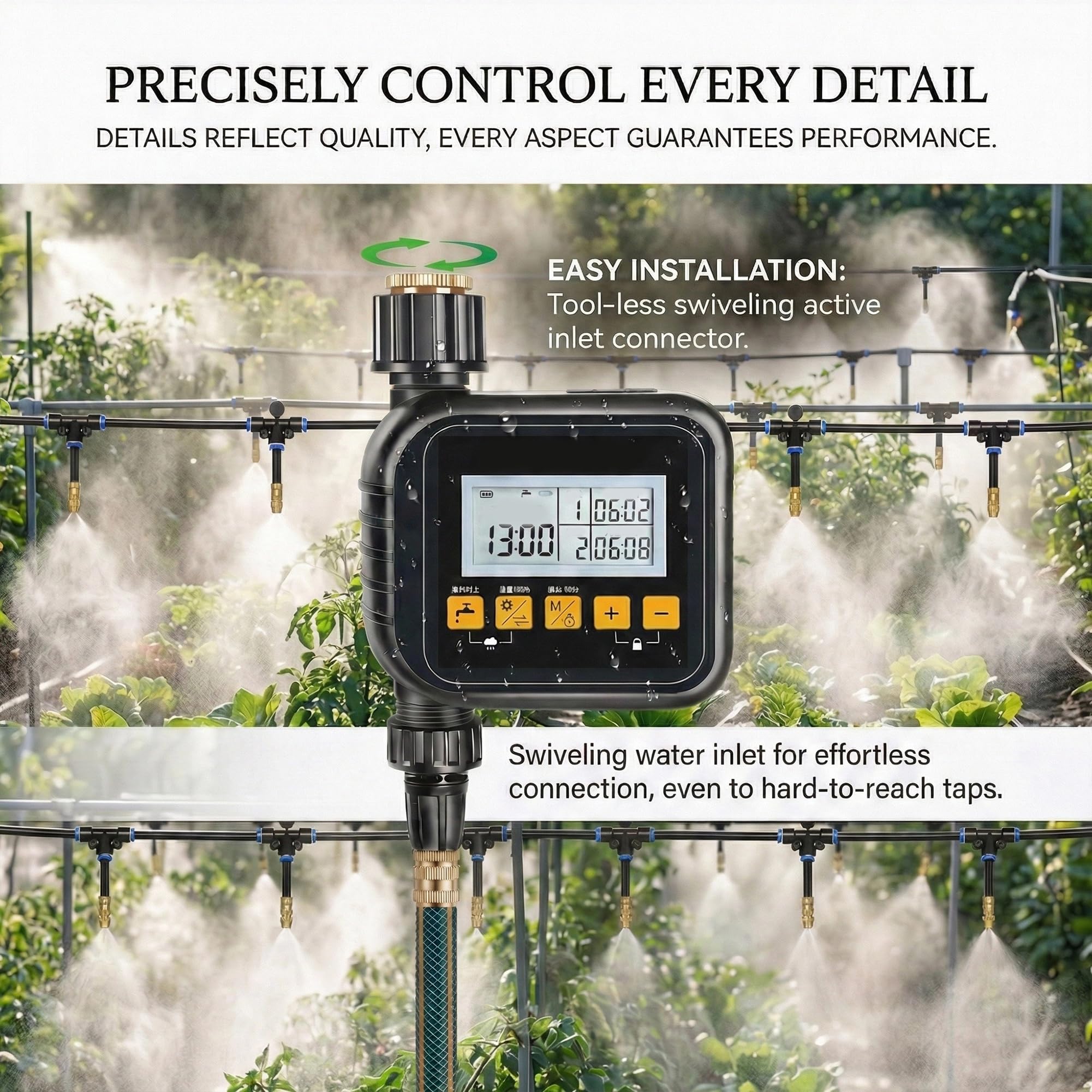 Wasser-Timer & Schlauch-Timer, Gartenbewässerung, Bewässerungssystem für Balkon- und Hof-Pflanzen — Automatischer Pflanzenbewässerer mit Timer 15m + 15 Orange Cooling Spray Nozzles